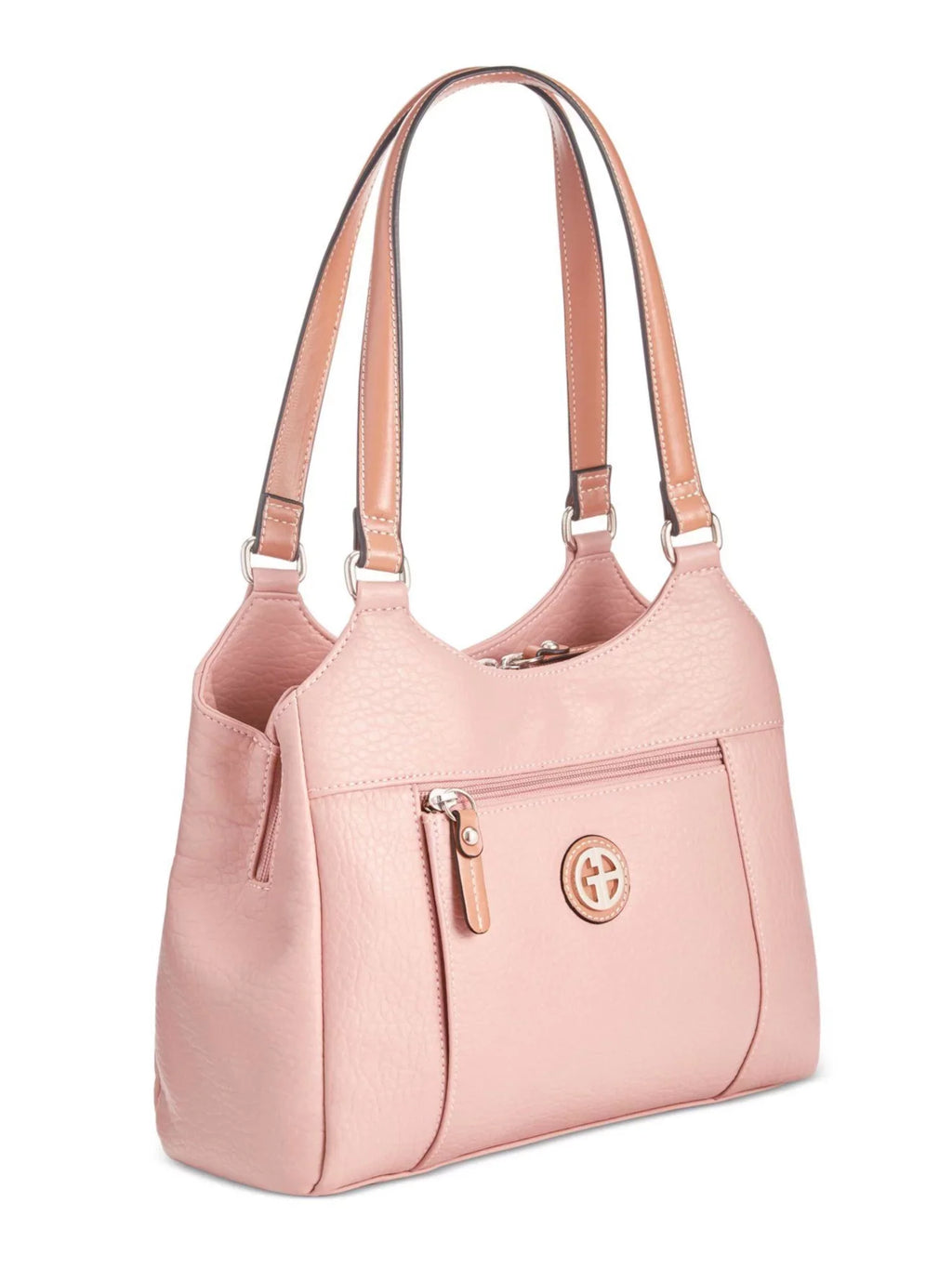 Stylish GIANI BERNINI Women's Pink Pebbled 4-poster Logo Hardware Double Flat Strap Tote Handbag Purse