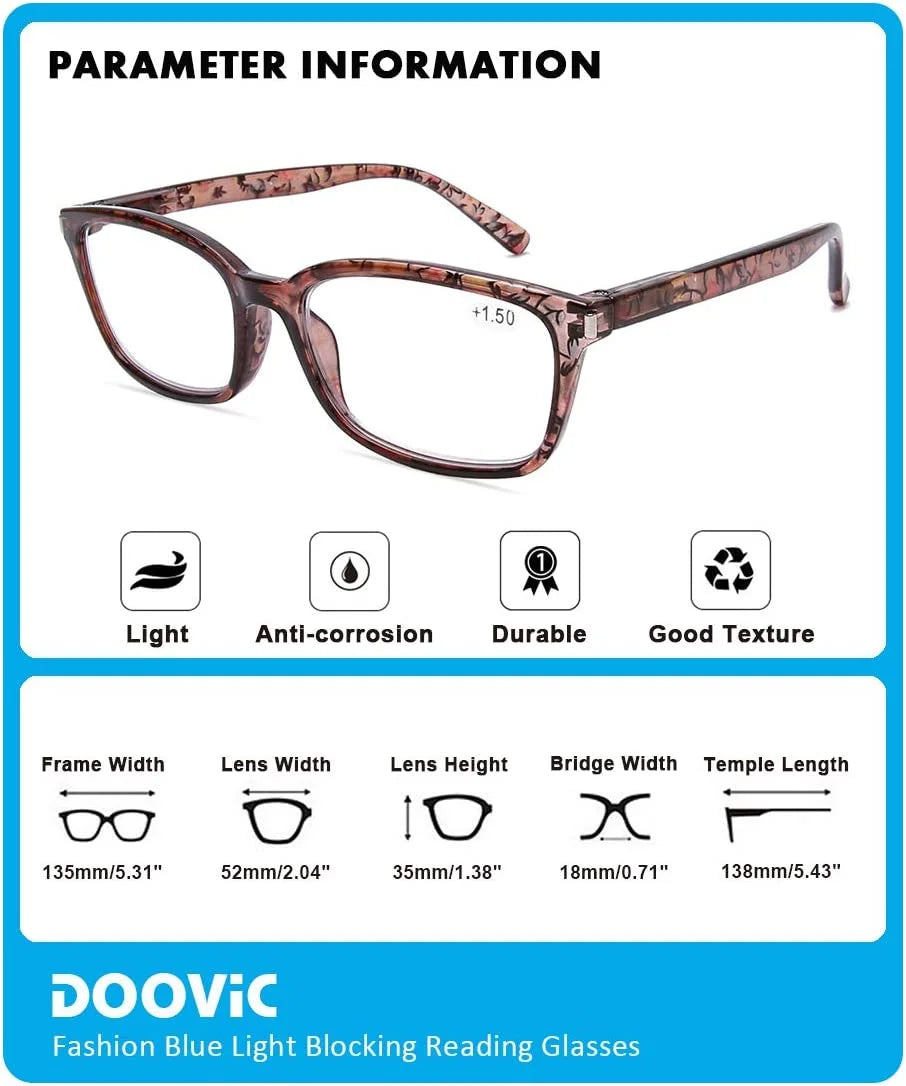 DOOViC 4 Pack Computer Reading Glasses Blue Light Blocking Anti Eyestrain Spring Hinge Stylish Readers for Women 2.25 Strength