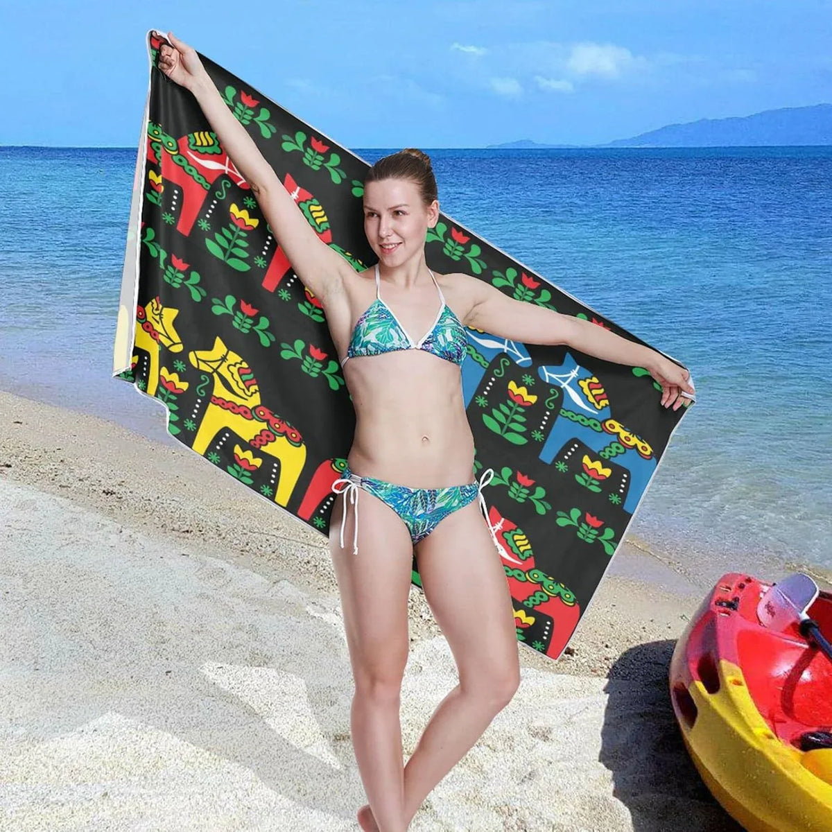 Bestwell Swedish Dala Horse Beach Towel - Lampweight Compact Oversized Travel Towels - Super Absorbent Quick Dry Towel for Swimming Camping Holidayï¼350ï¼