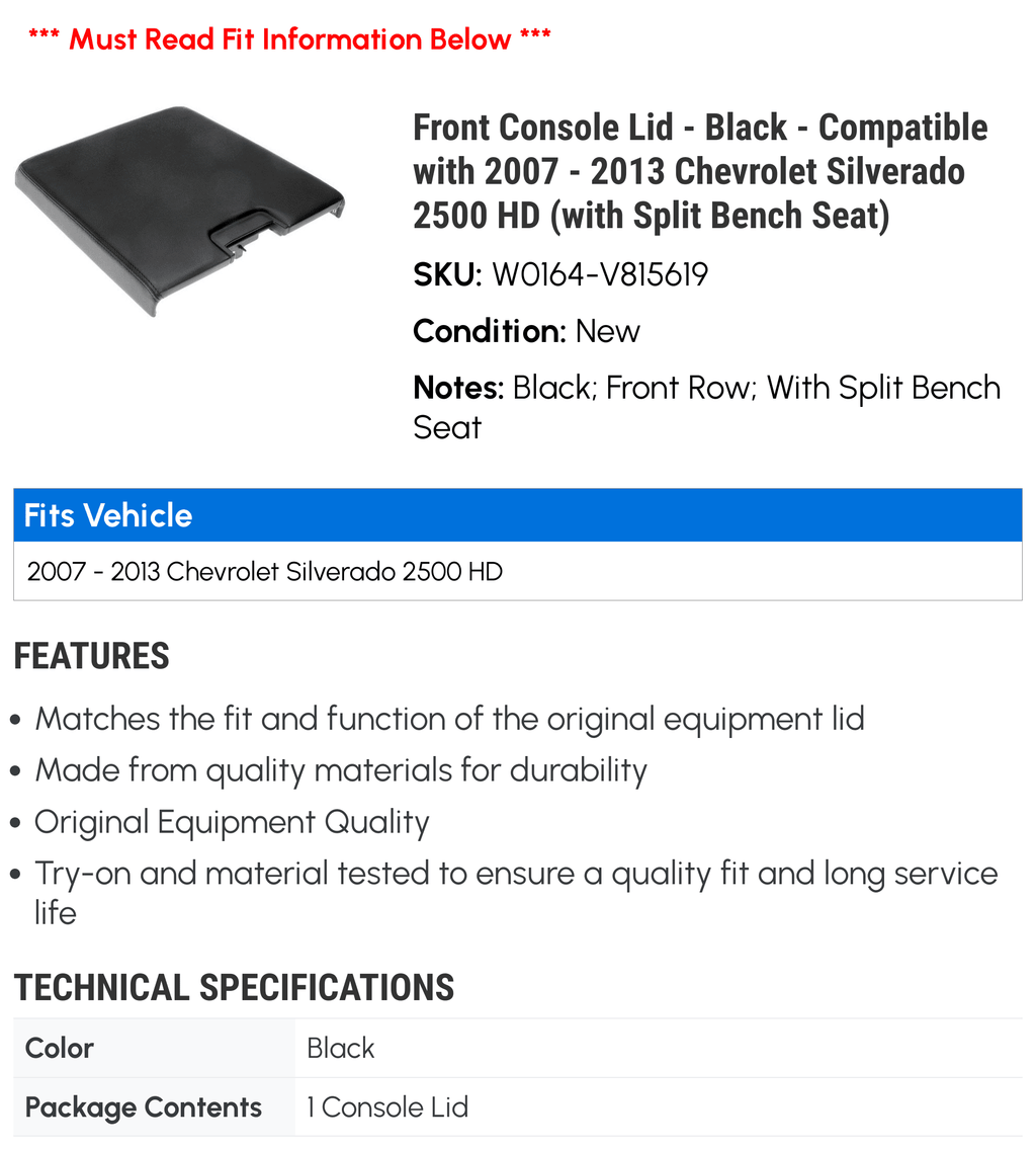 Front Console Lid - Black - Compatible with 2007 - 2013 Chevy Silverado 2500 HD (with Split Bench Seat) 2008 2009 2010 2011 2012 - Exclusive Design