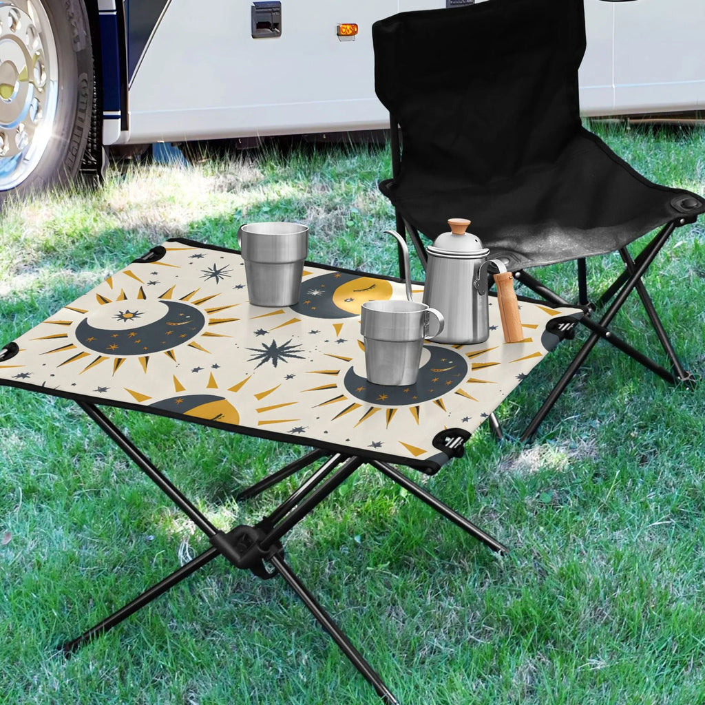 Stylish Sun Moon and Stars Camping Folding Table Portable Beach Table with Storage Bag Compact Picnic Table for Outdoor Travel Fishing BBQ