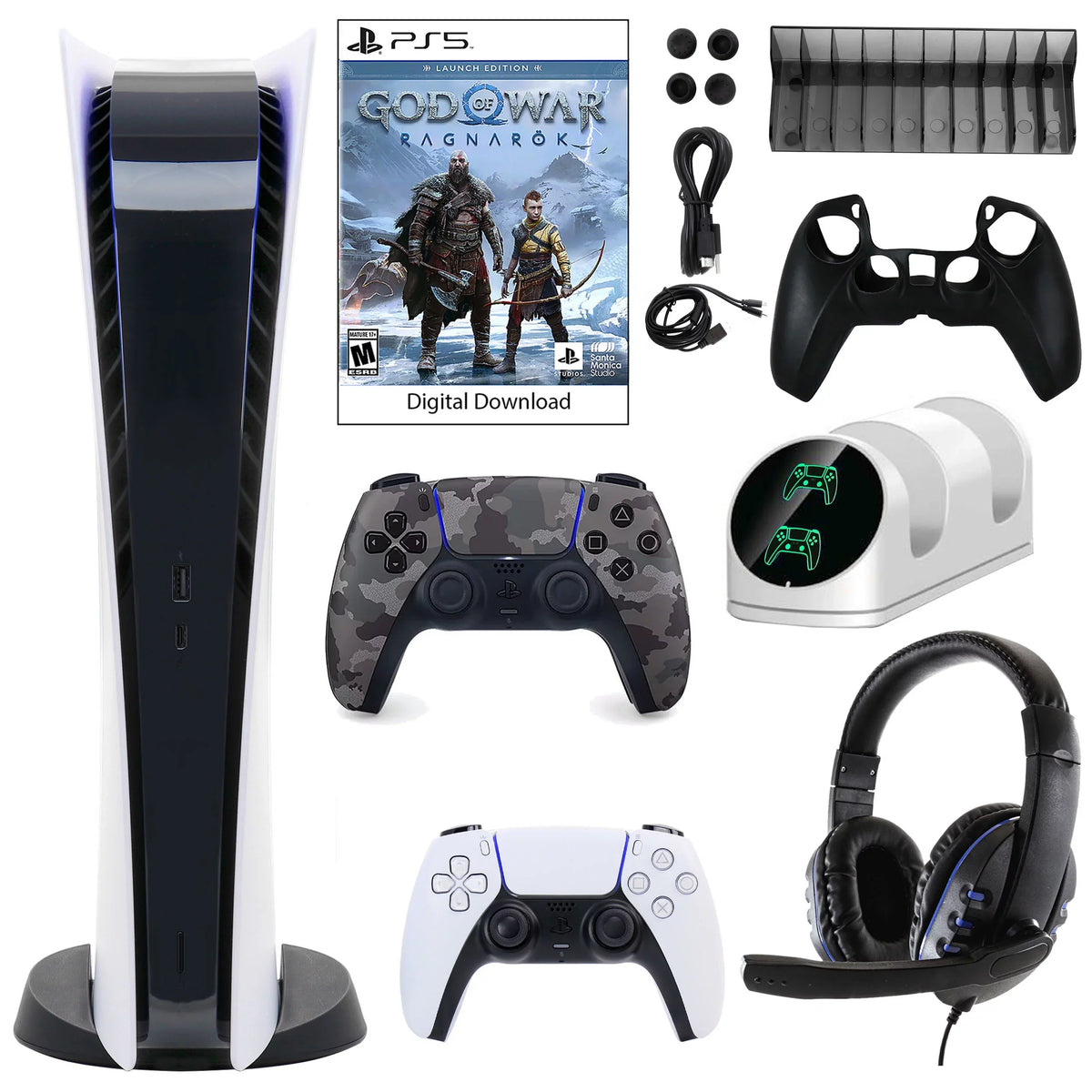 Sony PlayStation 5 Digital GOW Console with Extra Gray Camo Dualsense Controller and Accessories Kit