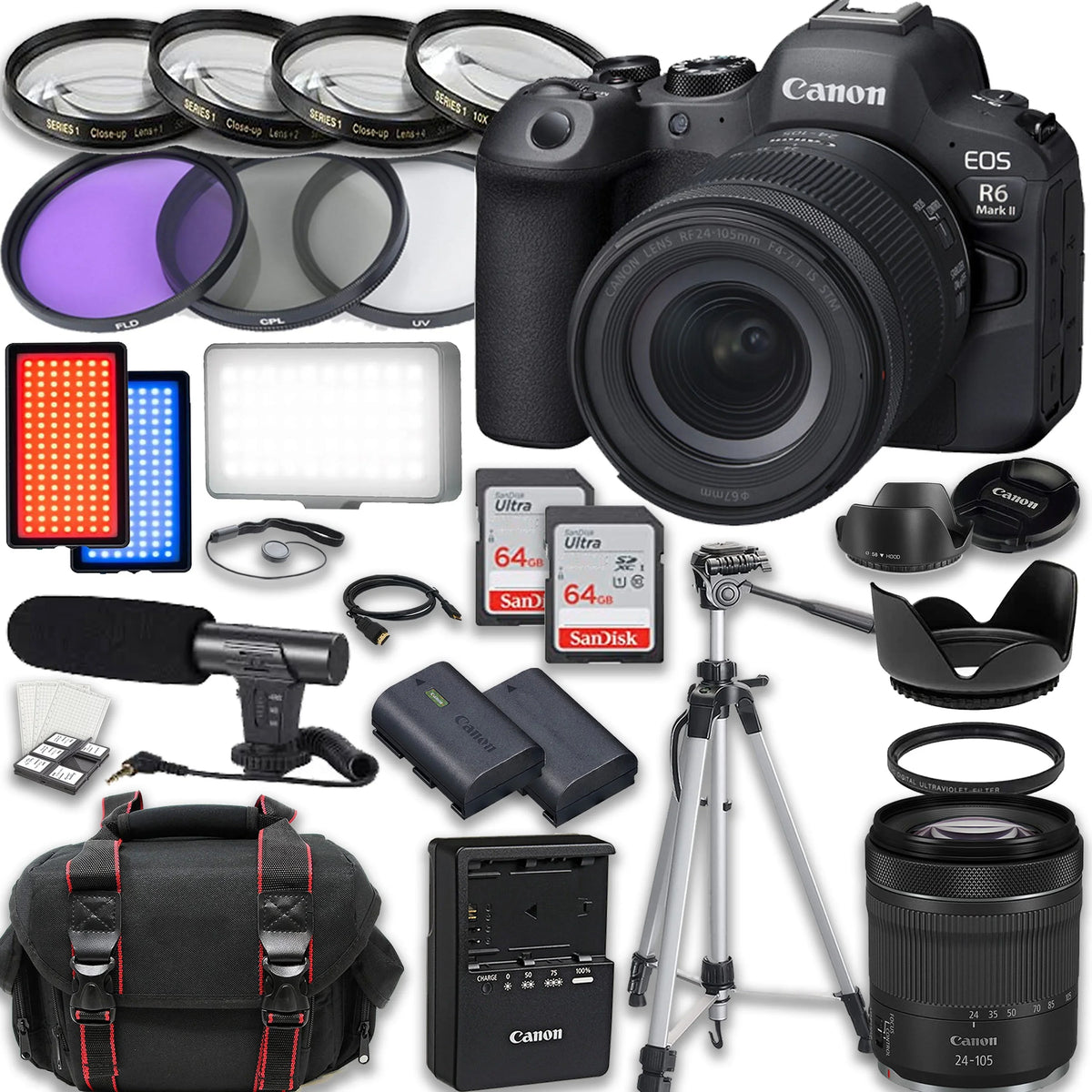 Canon EOS R6 Mark II Mirrorless Camera with RF 24-105mm f/4-7.1 IS STM Lens, Accessories including: 2X 64GB Memory Cards, LED Video Light, Microphone, Extra Battery, Case & More - Exclusive Design