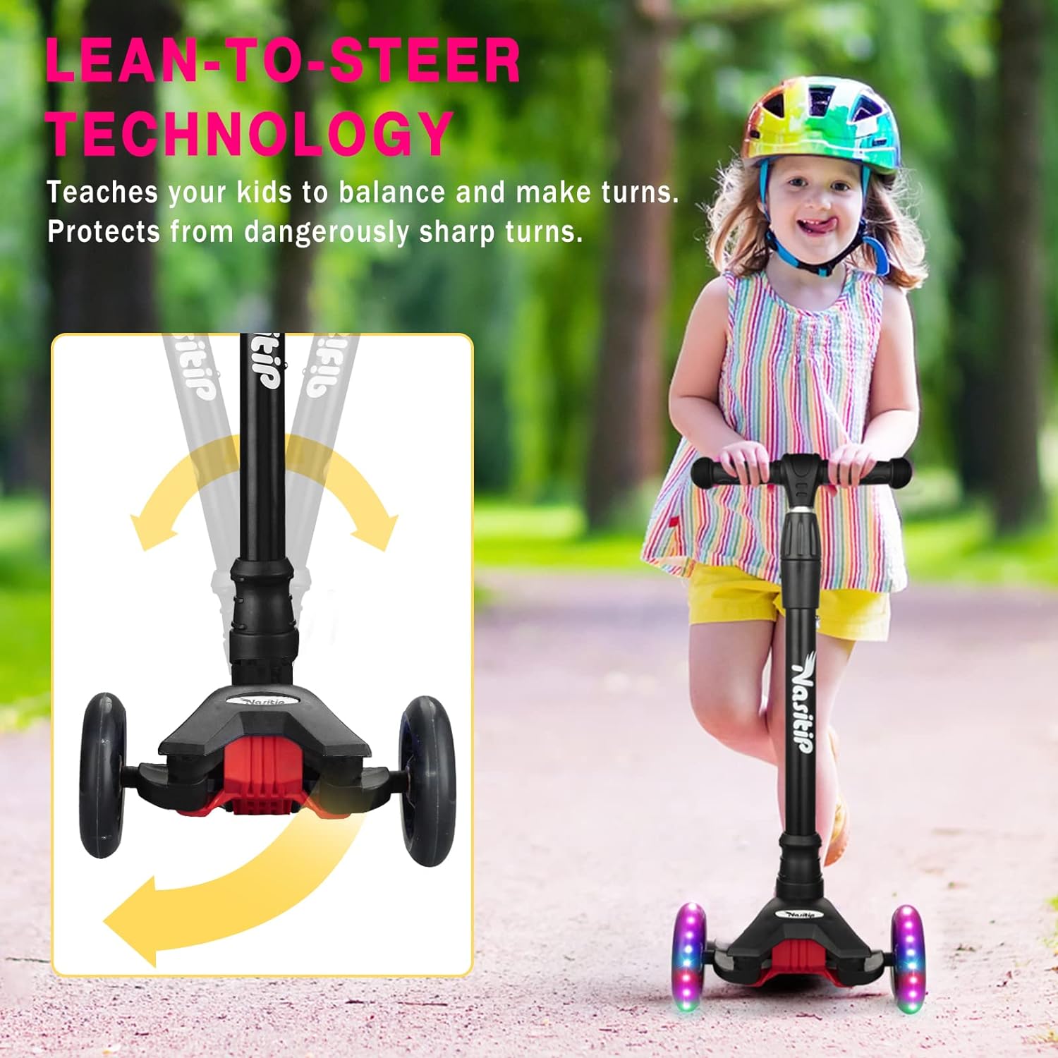Kick Scooter Collapsible Portable Kids Push Scooter with 4 Adjustable Height, AEBC-9 Bearing, 3 Lamp Up Wheels for Boys Girls Toddlers from 3 to 12 Years Old(Black)