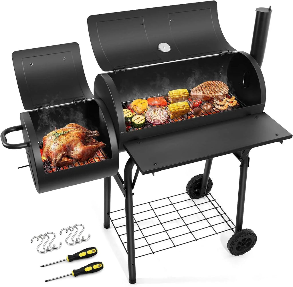 Outdoor BBQ Grill, Barrel Charcoal Grill with Offset Smoker, Camping Barbecue Grill for Patio Backyard Garden Party Picnic, Large 420.SQ.IN Cooking Area, 2 Screwdrivers & 6 Hooks - Black - Exclusive Design