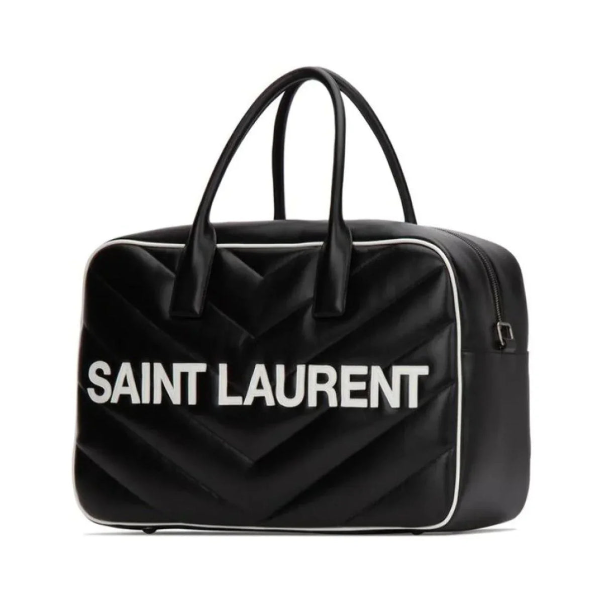New Saint Laurent Miles Logo Black Calf Leather Duffel Bowling Bag 525145