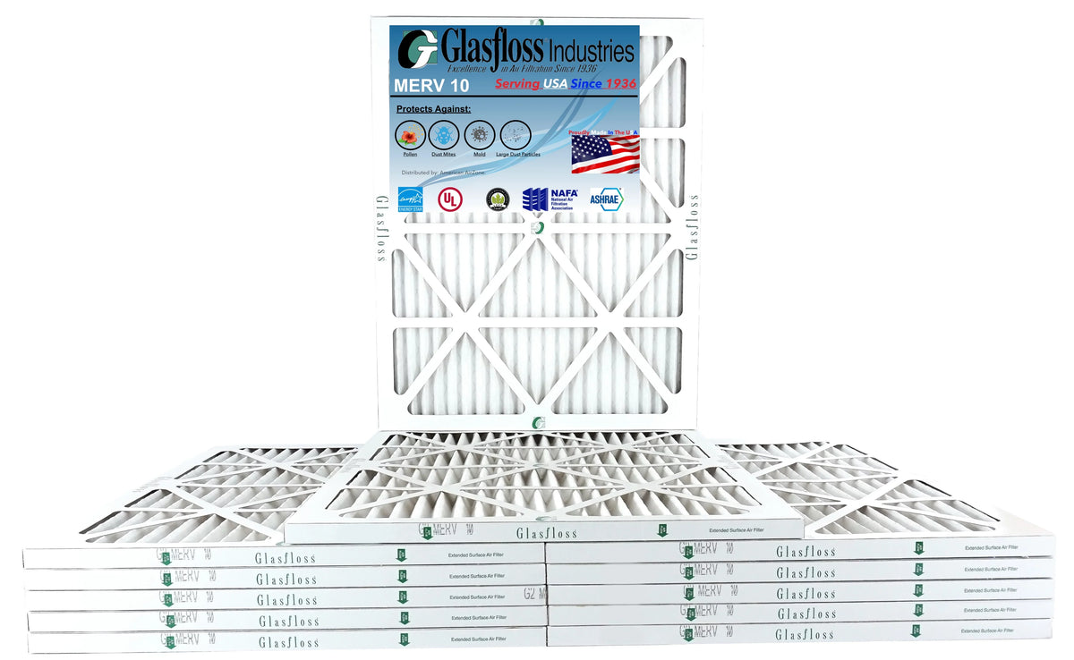 Glasfloss 20x24x1 - MERV 10 -Qty:12 - Furnace Air Filter - Made in USA (Actual Size: 19.5 x 23.5x7/8 inch) - Exclusive Design