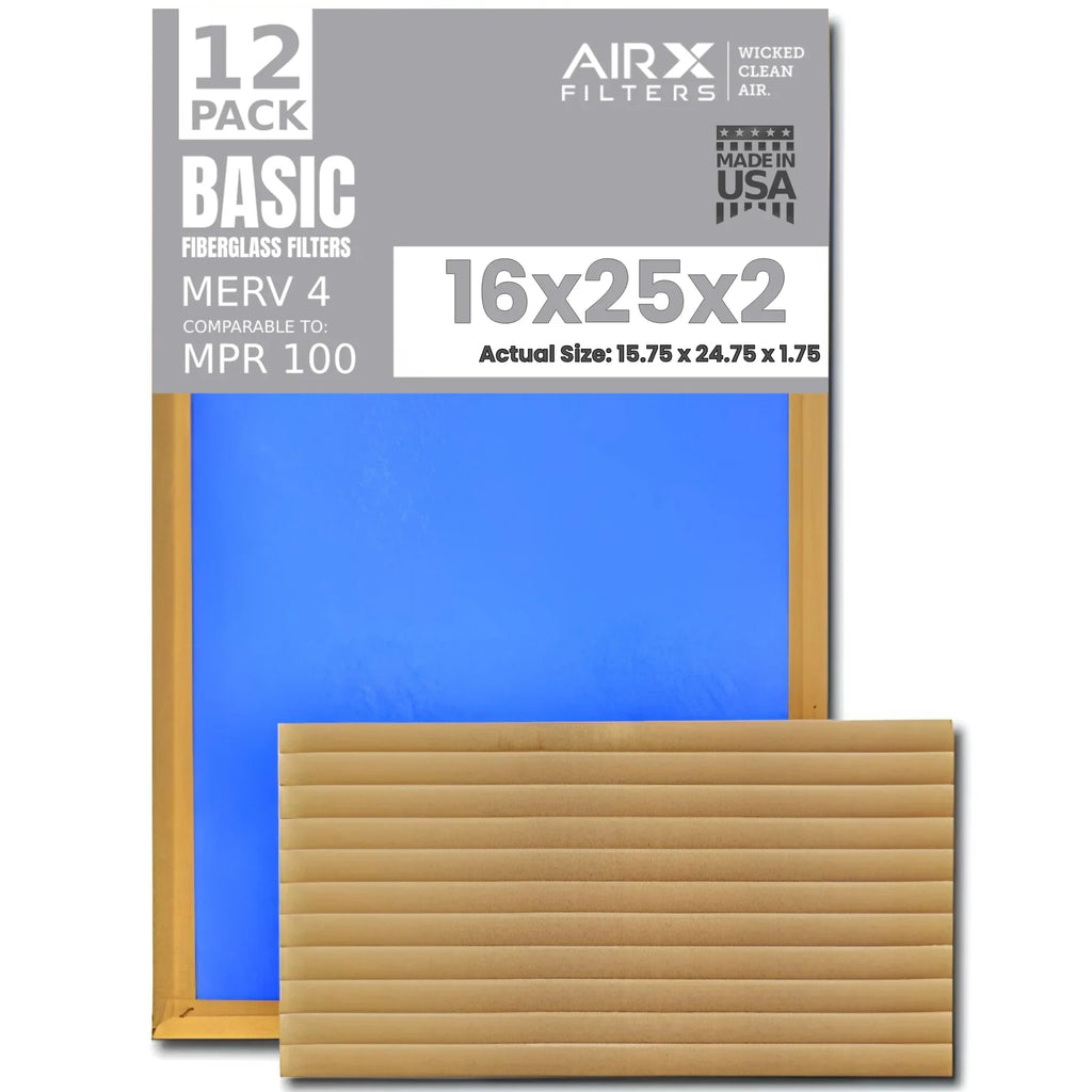 Stylish 16x25x2 Air Filter Comparable to MPR 100 Basic Economy Furnace Filters, 12 Pack of Non Pleated Fiberglass Filter For Dust - Low Airflow Restriction! From AIRX FILTERS WICKED CLEAN AIR.