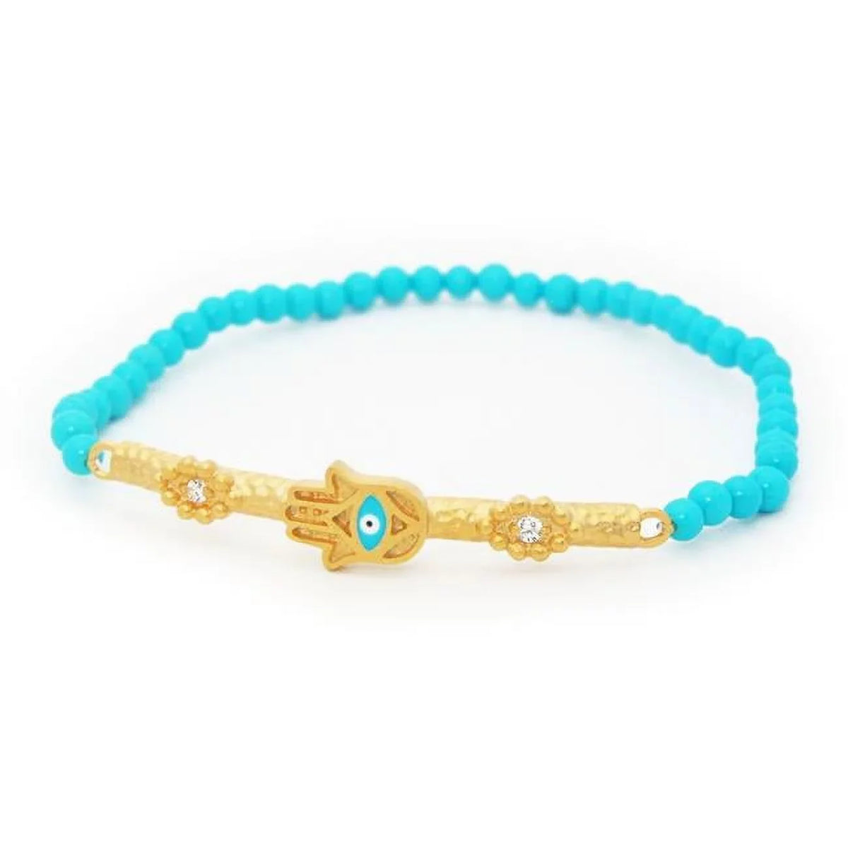 Stylish Elastic Turquoise & Hamsa Evil Eye Bar Bracelet in Vermeil
