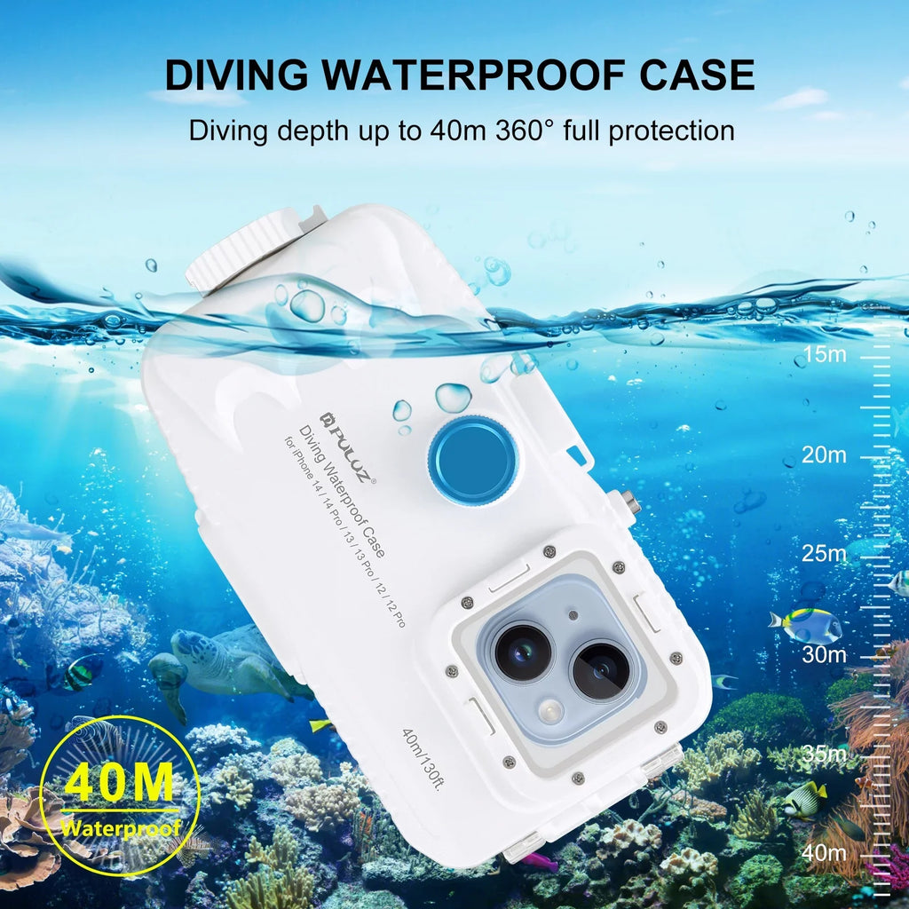 PULUZ 40M131ft Waterproof Phone Case Underwater Exploration Case Smartphone Underwater Housing Protective Case with Red Filter Neck Strap Cleaning Cloth Replacement for 14/ 14 / 13/ 13 / 12/ 12 P