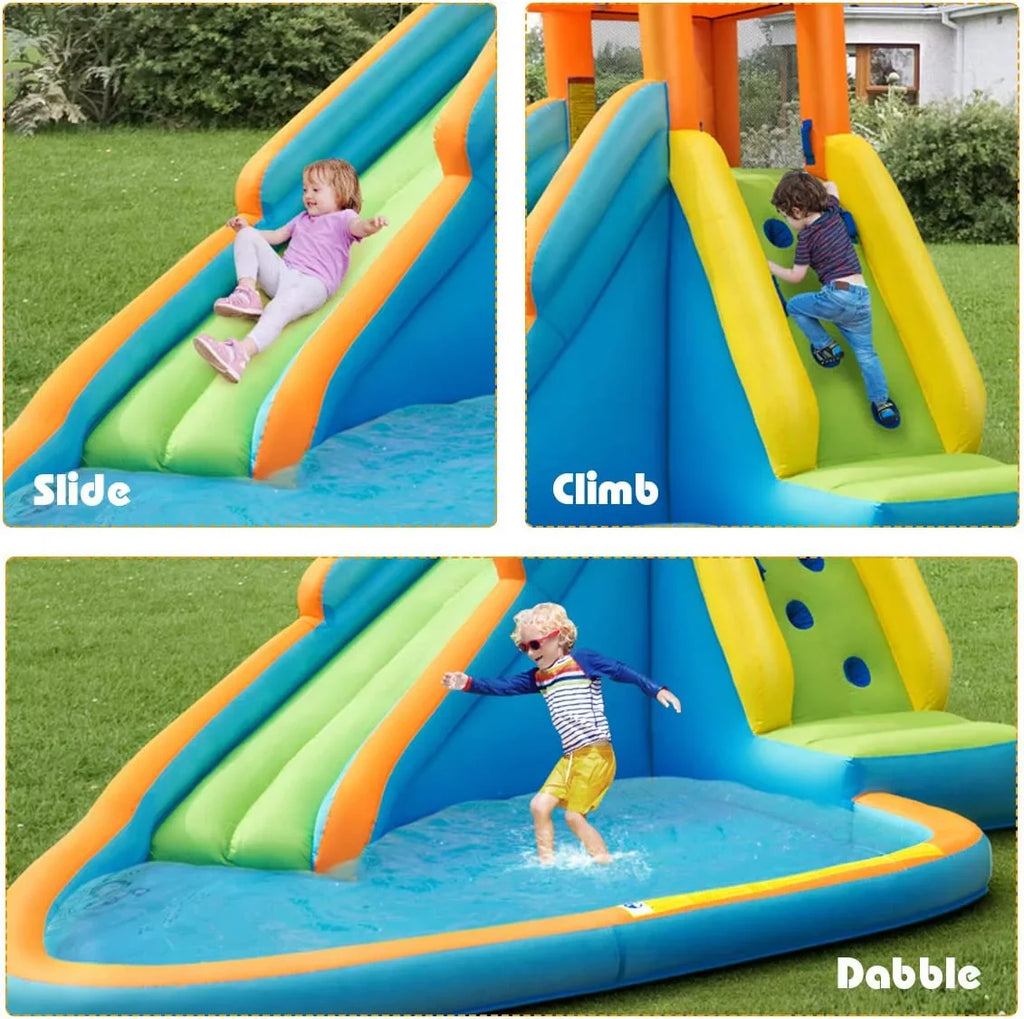 Stylish Inflatable Water Slide, Hippo Themed Water Slides for Kids Backyard w/Long Slide, 740w Blower, Splashing Pool, Water Cannon, Indoor Outdoor Blow up Giant Water Park for Big Kids and Adults