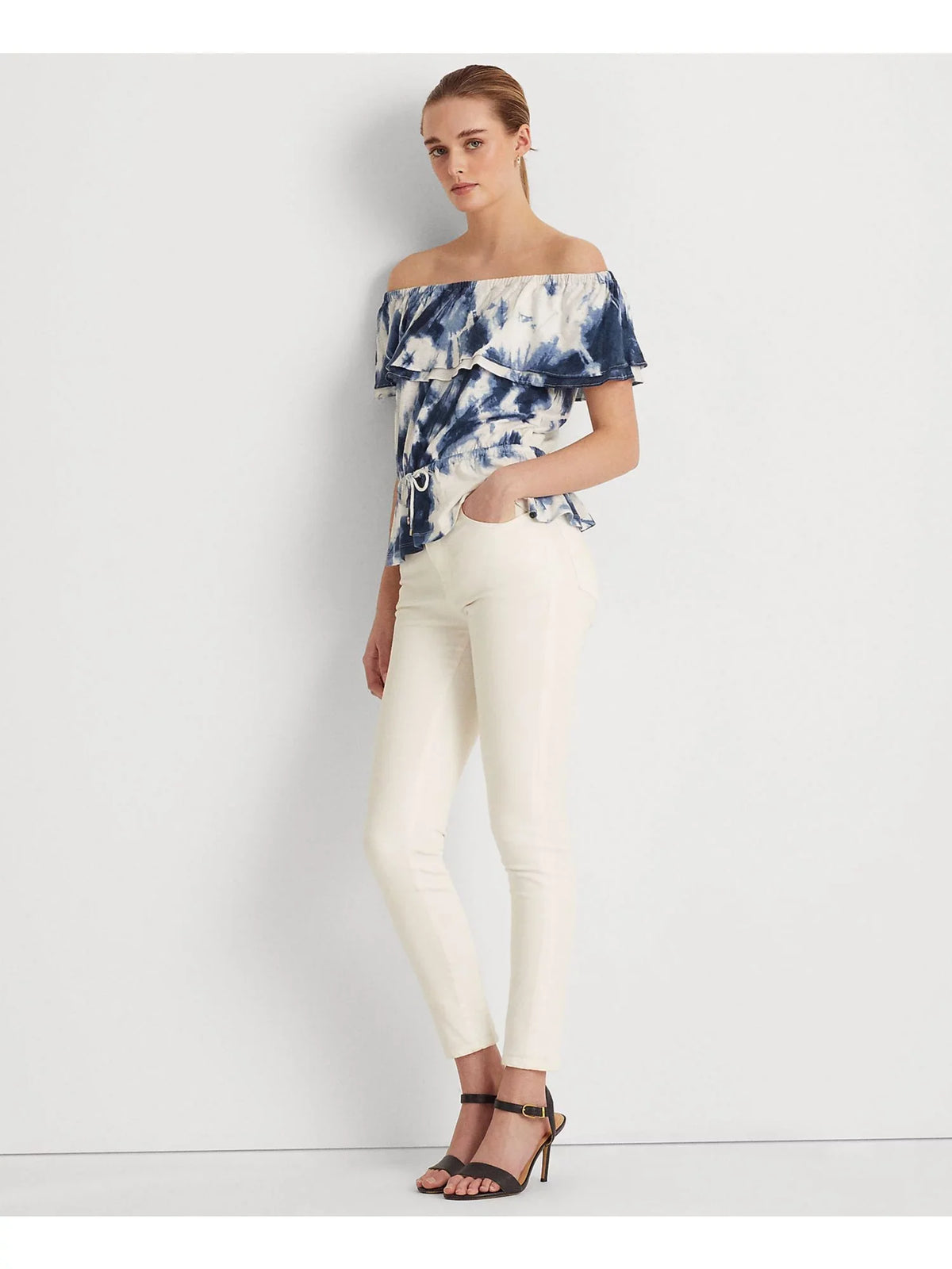 Stylish LAUREN RALPH LAUREN Womens White Ruffled Elasticized Drawcord Waist Tie Dye Short Sleeve Off Shoulder Peplum Top S