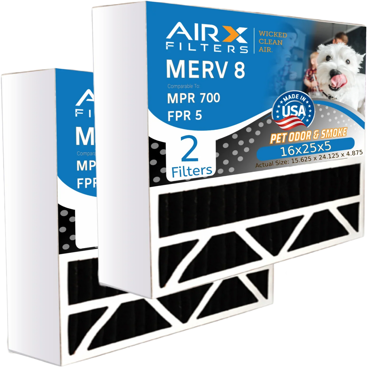 16x25x5 Air Filter Odor Eliminator Carbon Filter MERV 8 Comparable to MPR 700 & FPR 5 Compatible with Air Bear 255649-105 2 Pack by AIRX FILTERS WICKED CLEAN AIR.