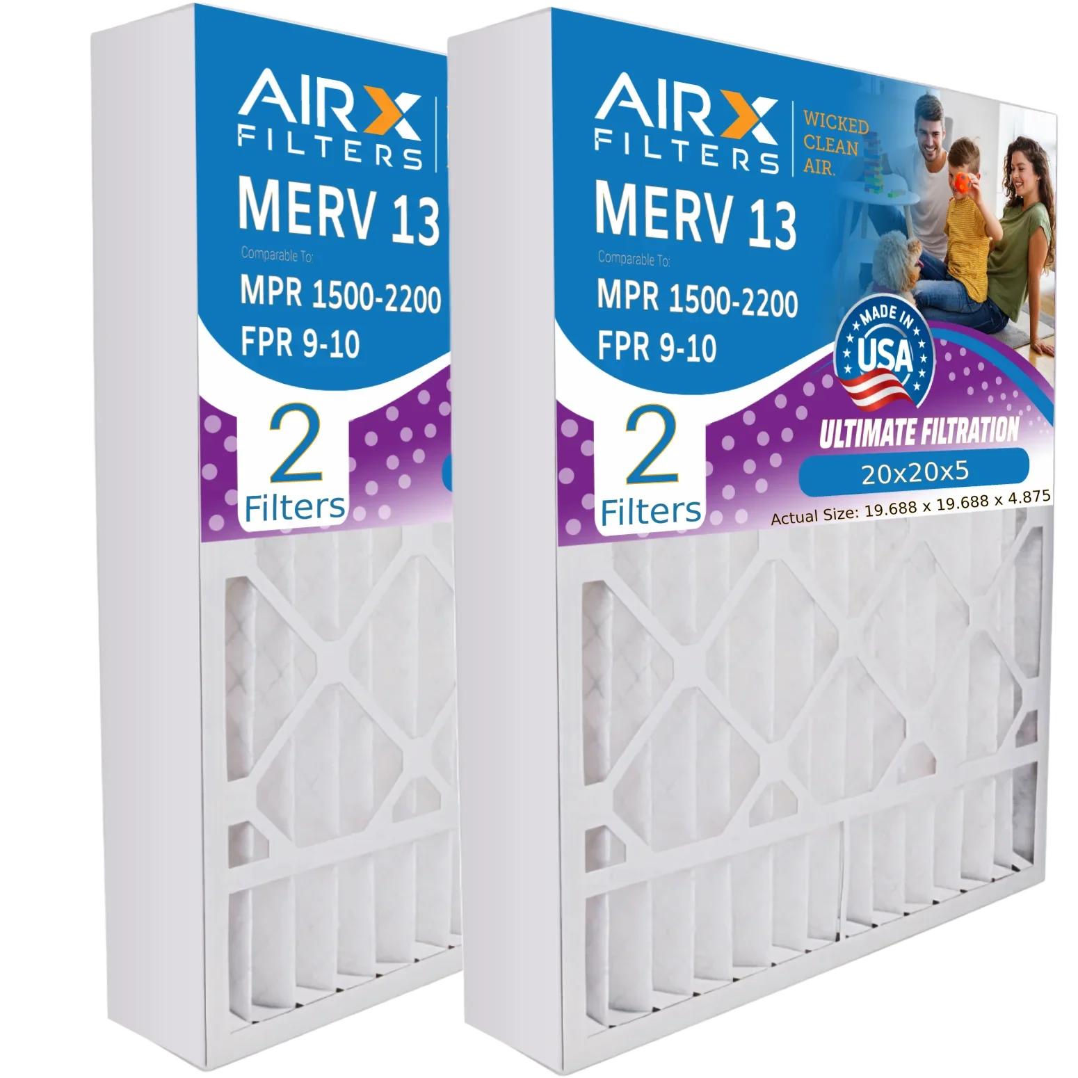 Stylish 20x20x5 Air Filter MERV 13 Comparable to MPR 1500 - 2200 & FPR 9 Compatible with Air Bear 255649-103 Premium USA Made 20x20x5 Furnace Filter 2 Pack by AIRX FILTERS WICKED CLEAN AIR.