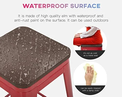 NLTBONNIE 24 Inches Metal Stools Set of 4 Counter Height Wood Seat Barstool Patio Stool Stackable Backless Stool Indoor Outdoor Metal Kitchen Stools Chairs (Red) - Exclusive Design