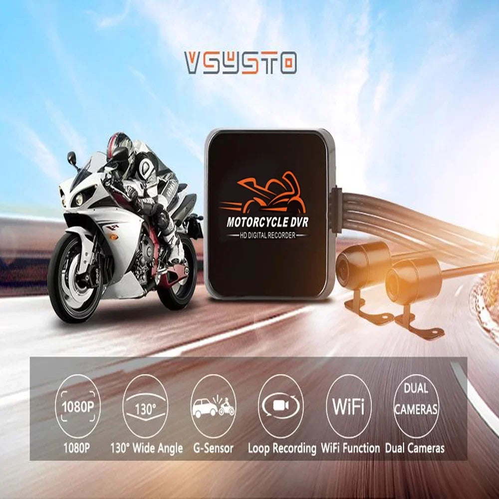 VSYSTO HD 1080P No Screen Motorcycle Dash Cam, WiFi Night Vision 130Â° Wide Angle Front & Rear Camera 2 Channels Video Driving Recorder, Loop Recording, G-sensor