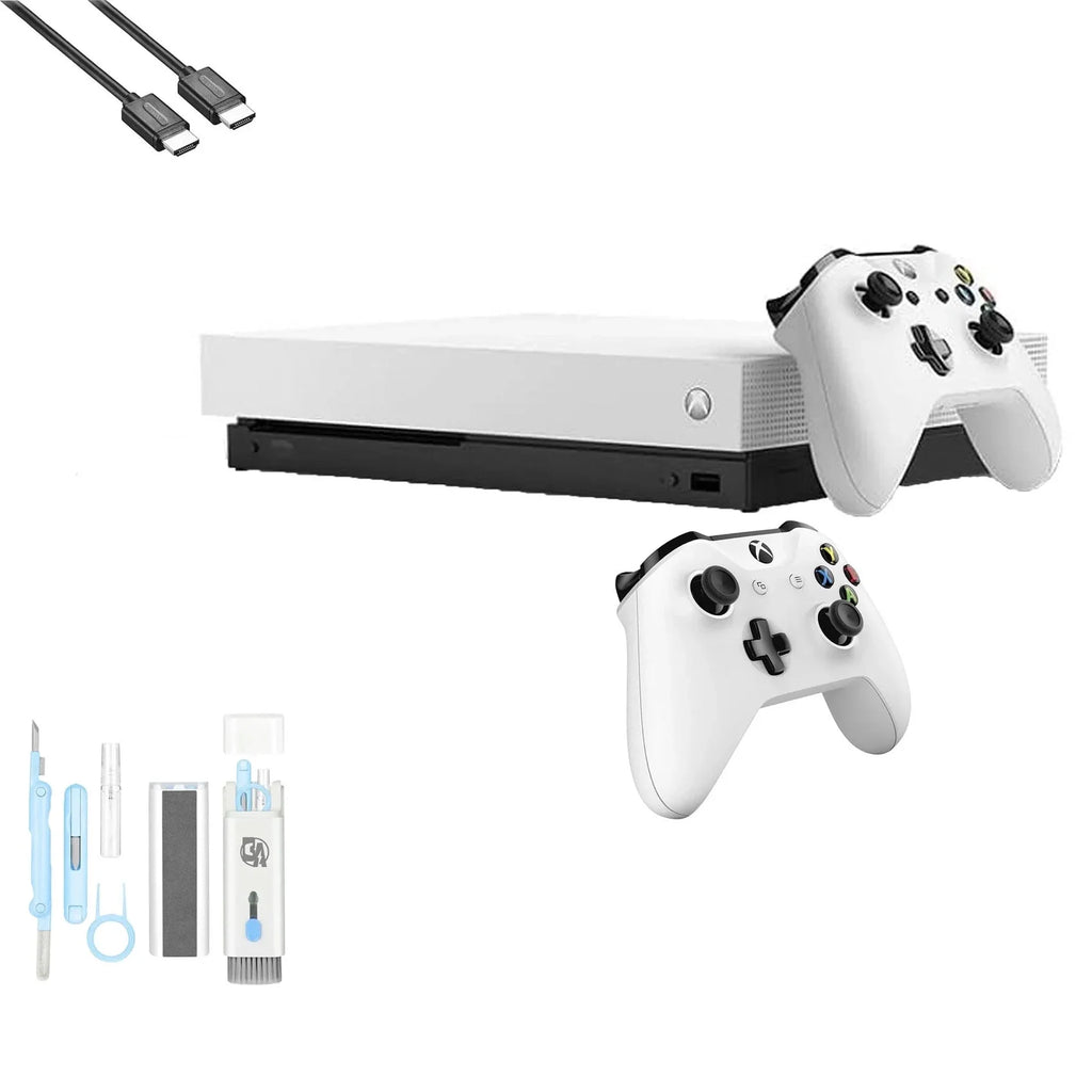 Stylish Pre-Owned Xbox One X 1TB with 2 Controller, 4K Ultra HD White with BOLT AXTION Cleaning Kit HDMI Bundle (Refurbished: Like New)