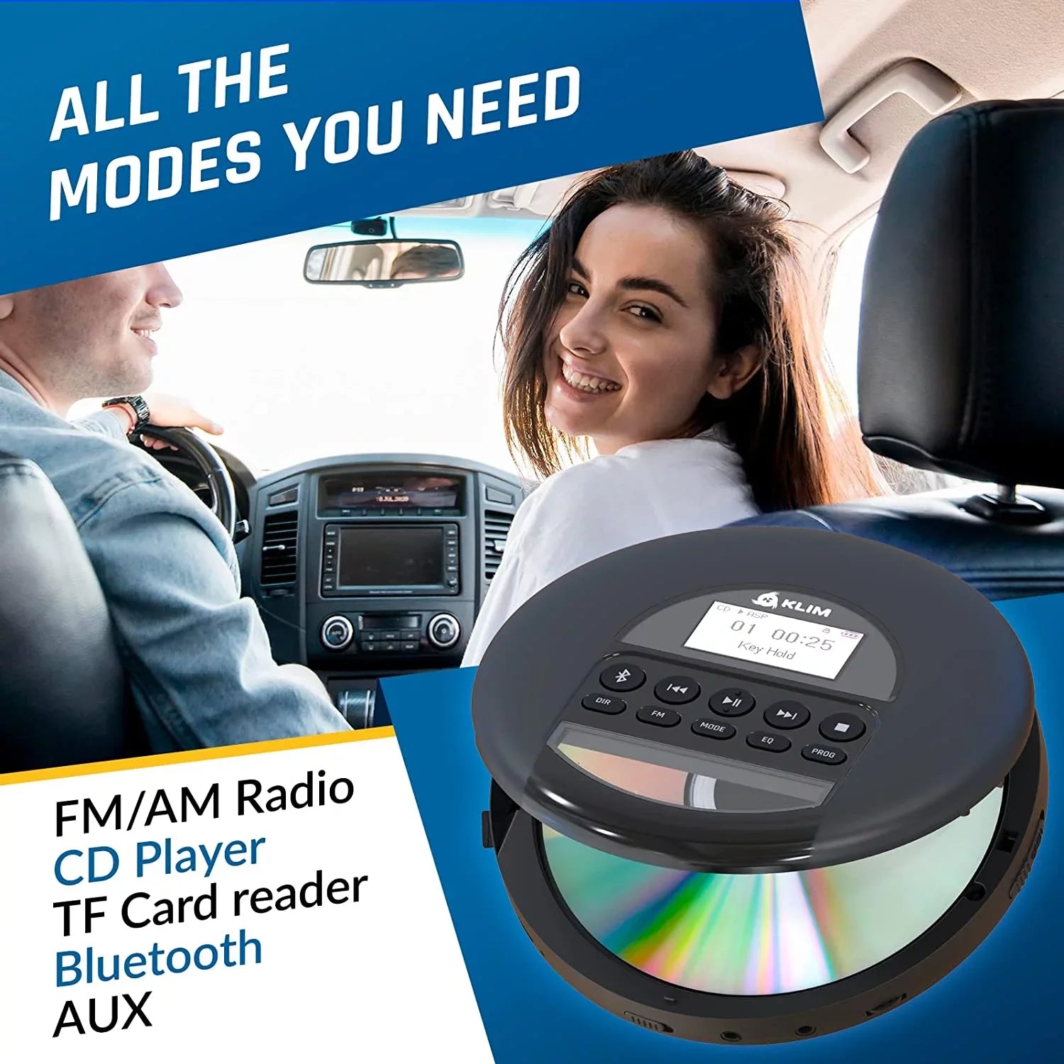 Pre-Owned KLIM Nomad Portable CD Player Discman with Fusion Headphones, Rechargeable Battery, MP3, TF Card, AM FM Radio, Bluetooth- Ideal for Cars, Black (Refurbished: Good)
