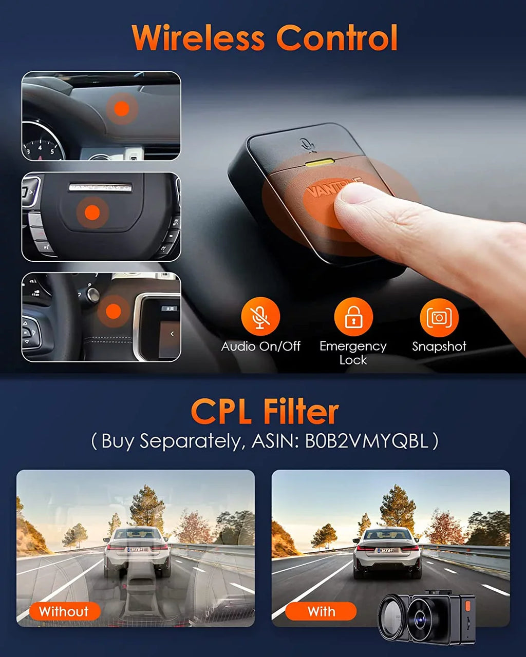 Vantrue E3 2.5K 3 Channel WiFi Dash Cam 1944P+1080P+1080P Front and Rear Inside 3 Way GPS Dash Camera for Car Voice Control IR Night Vision 24 Hrs Parking Mode Motion Detection - Exclusive Design