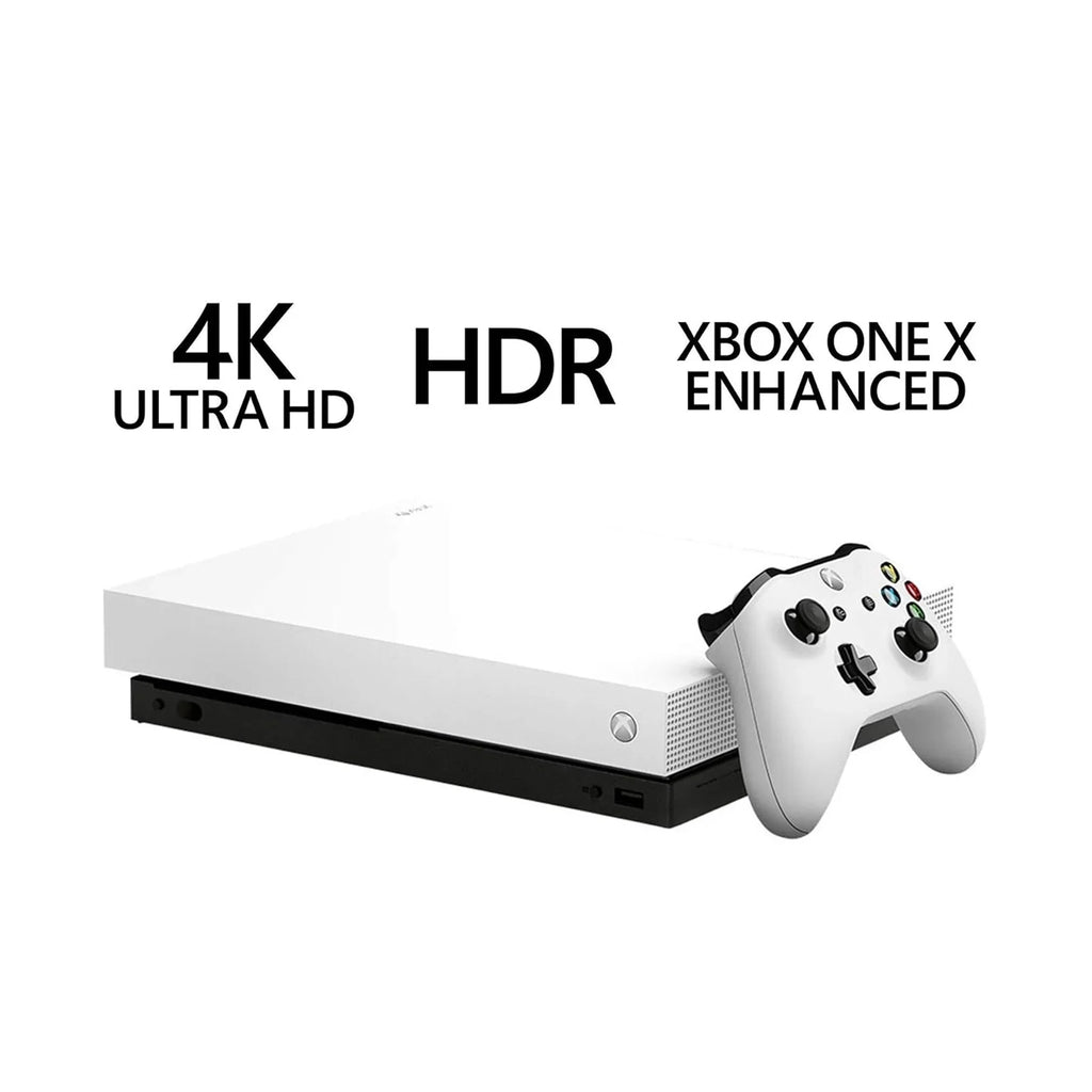 Stylish Pre-Owned Xbox One X 1TB with 2 Controller, 4K Ultra HD White with BOLT AXTION Cleaning Kit HDMI Bundle (Refurbished: Like New)