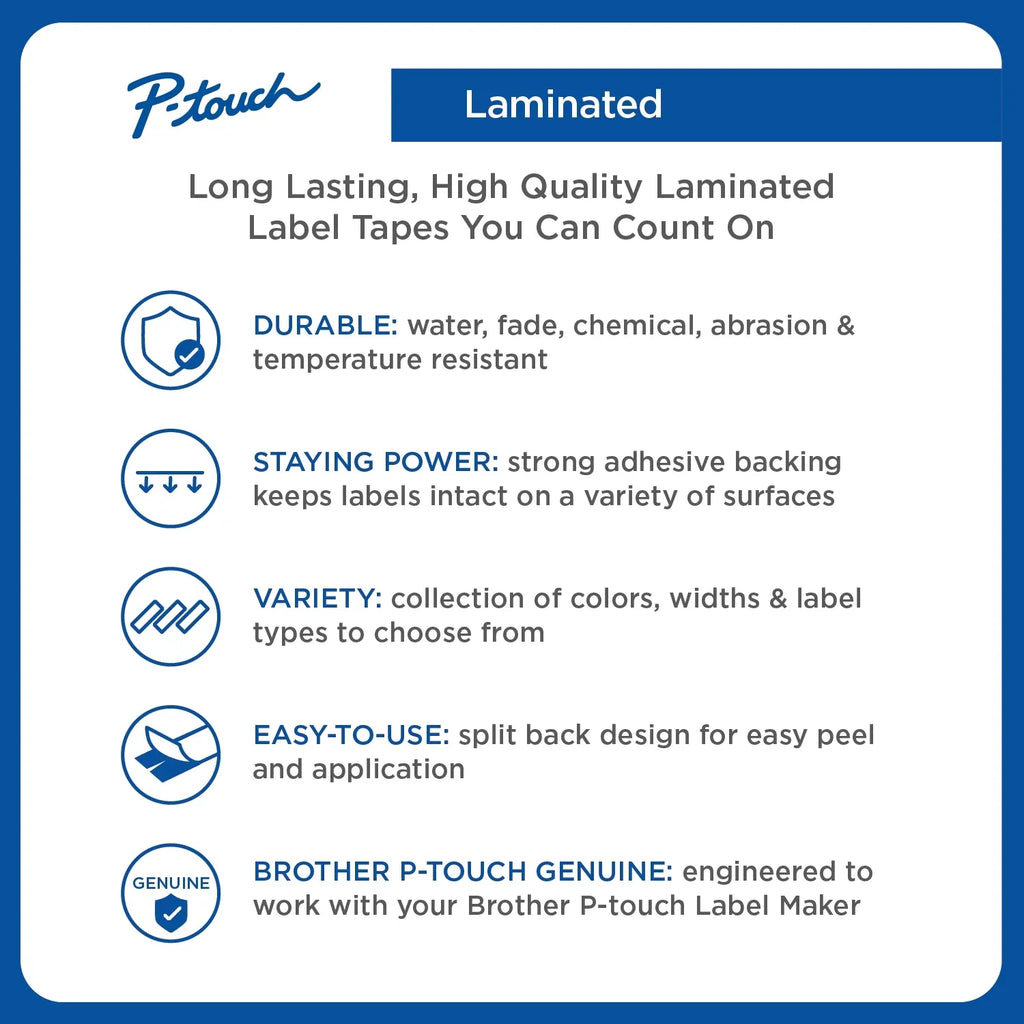 Brother P-touch Tze Standard Adhesive Laminated Labeling Tapes, 1/2"w, Black on White, 2/Pack - Exclusive Design