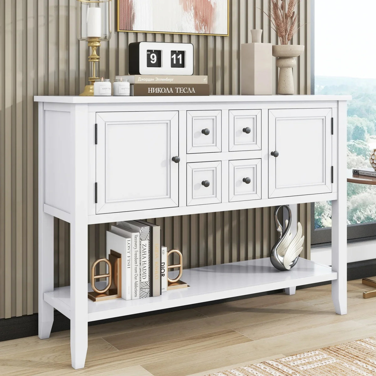 Stylish TREXM Cambridge Series Ample Storage Vintage Console Table with Four Small Drawers and Bottom Shelf for Living Rooms Entrances and Kitchens (Light Navy OLD SKU WF190263AAH)