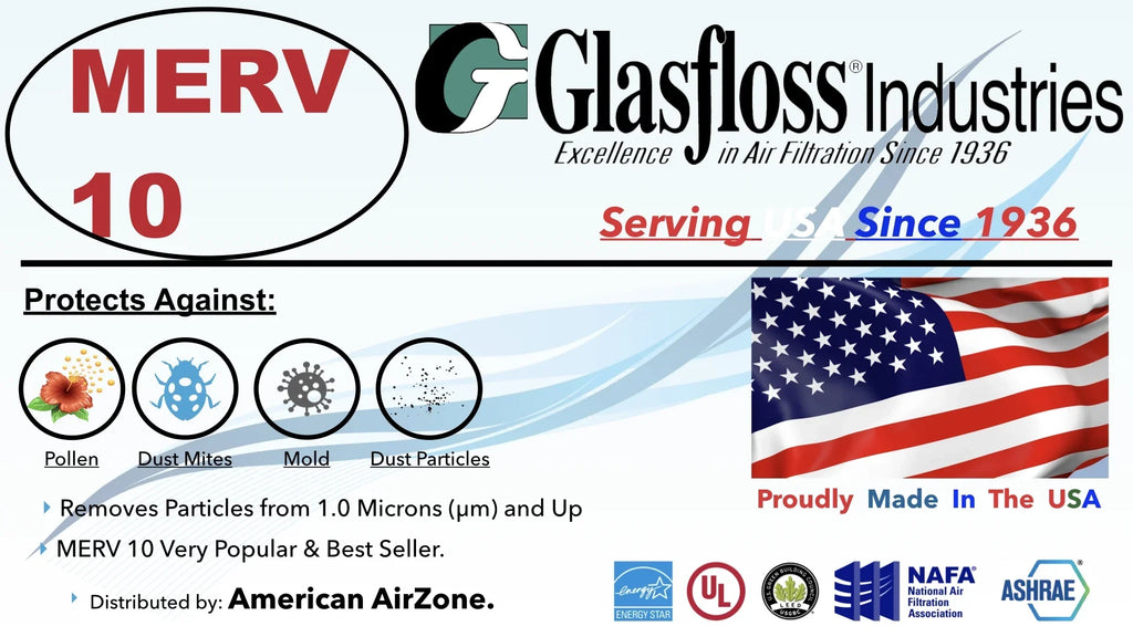 Glasfloss Air Filter 10x30x2 - 2" MERV 10 - (Pack of 6) - Pleated AC or HVAC Air Filter - Furnace Air Filter - Home or Office - Made In The USA. - Exclusive Design