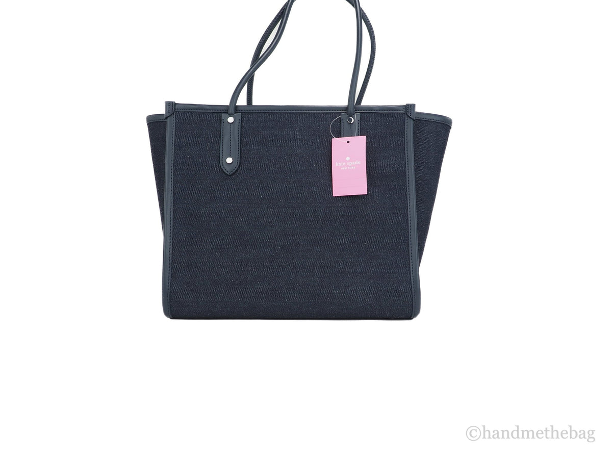 Stylish Kate Spade Ella Large Blue Multi Denim Fabric White Logo Shoulder Tote Handbag