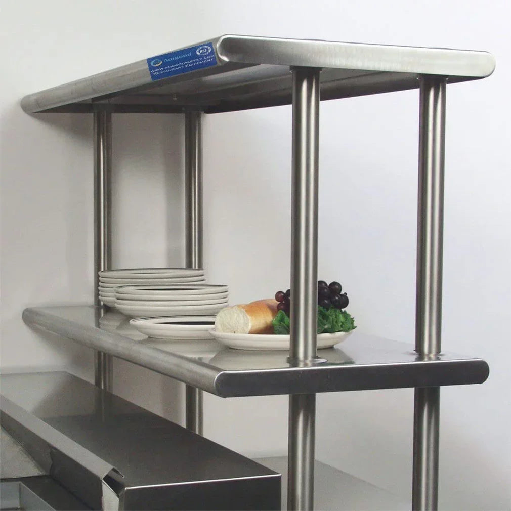 24" x 60" Stainless Steel Work Table With Two Shelves | 18" Wide Double Tier Overshelf | Metal Kitchen Prep Table & Shelving Combo - Exclusive Design