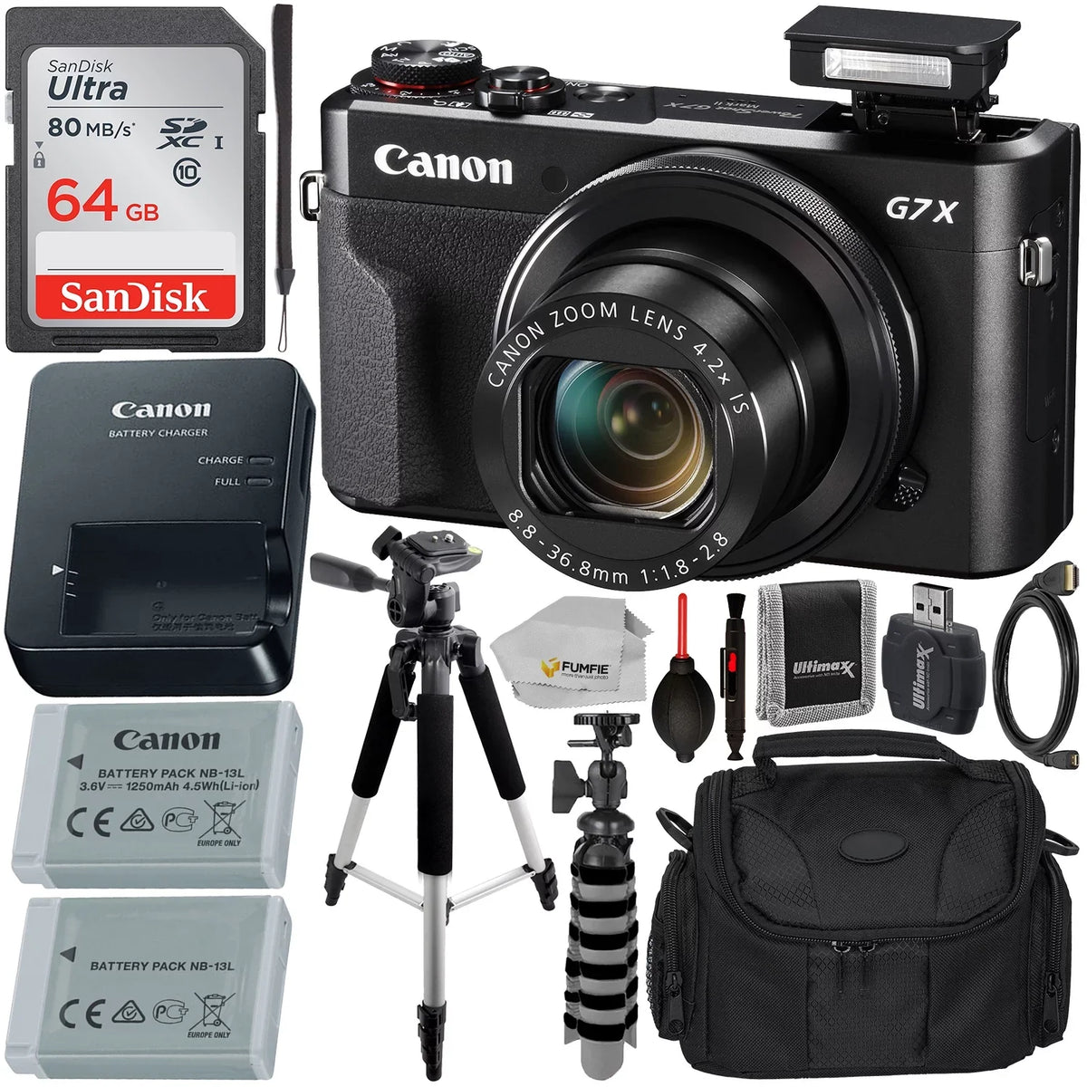 Stylish Canon PowerShot G7 X Mark II Digital Camera (Black) with Essential Accessory Bundle - Includes: SanDisk Ultra 64GB SDXC Memory Card, Extended Life Replacement Battery, Tripod, Carrying Case & More