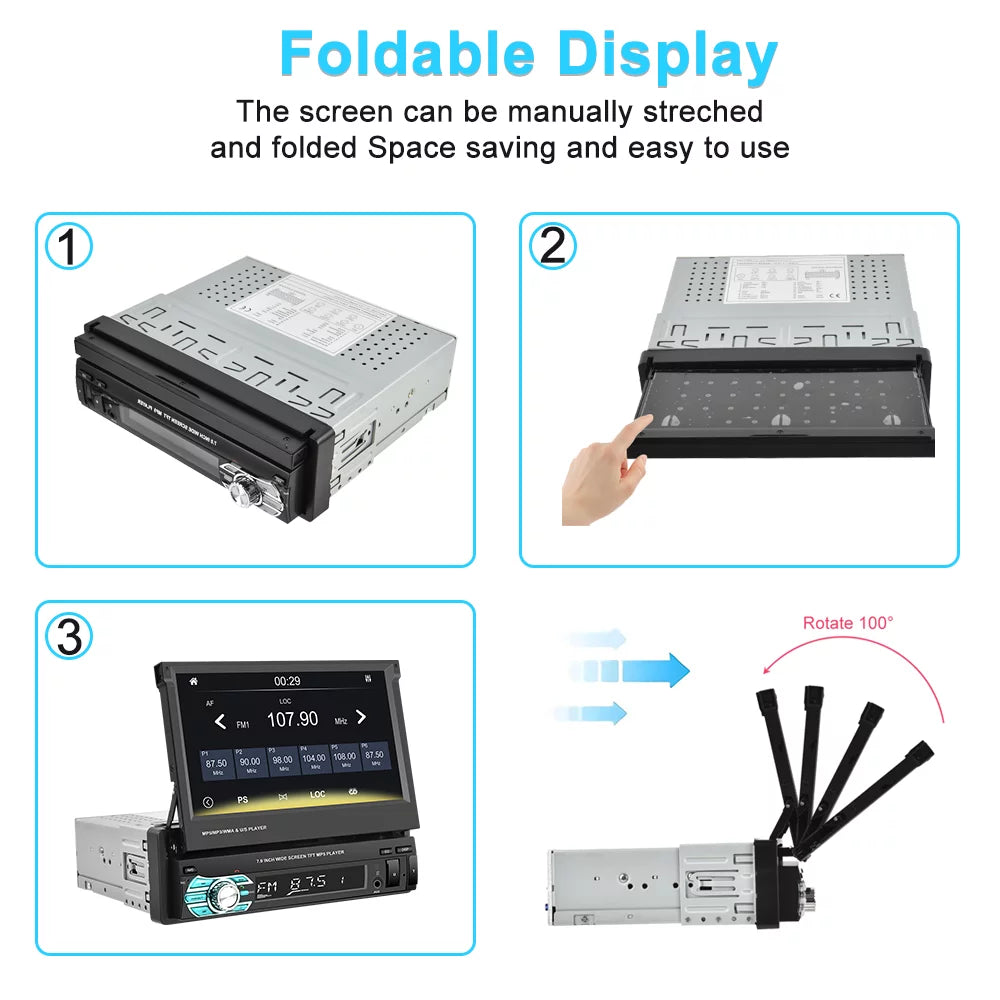 Podofo Universal Single 1 DIN 7" HD Touchscreen Retractable Car Stereo Radio Bluetooth Auto Apple Carplay Android Auto FM Video Player Mirror Link Function, with 12 LED Backup Camera