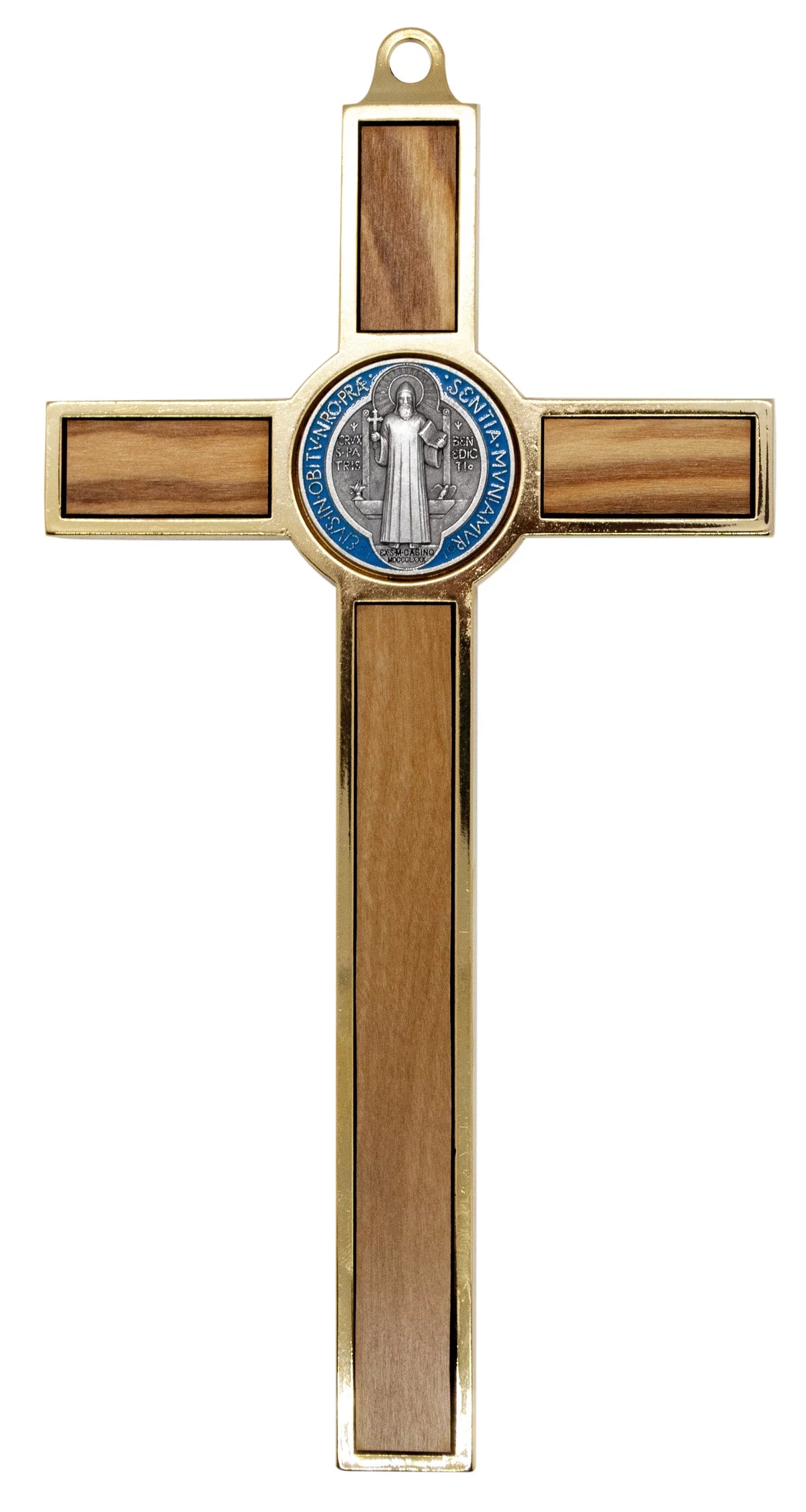 Stylish 7.75" Gold-Tone St. Benedict Crucifix with Wood Inlays and Colored Medal