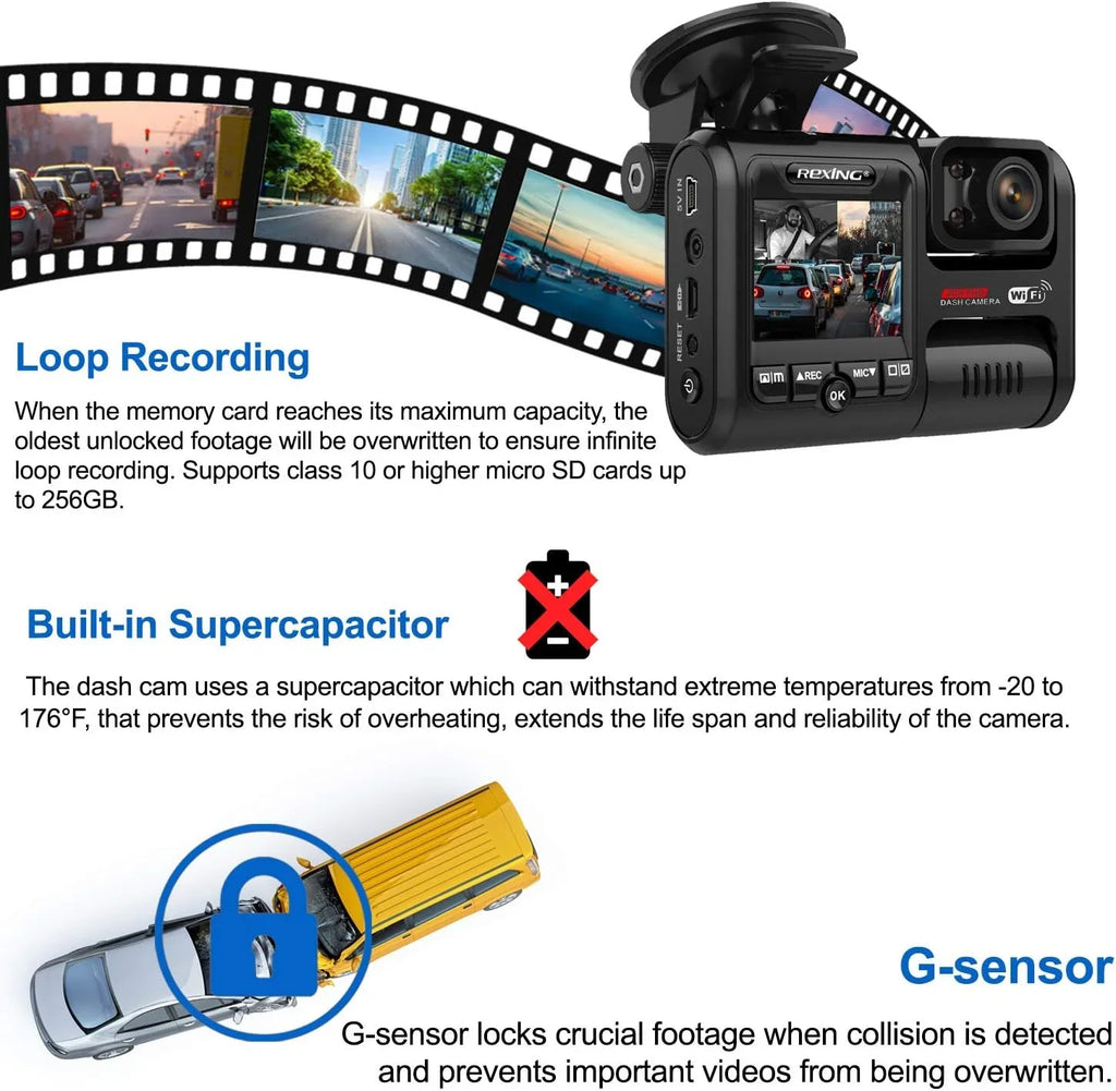 Open Box Rexing W202 Front and Inside Cabin 1080p Full HD Wi-Fi Dash Cam