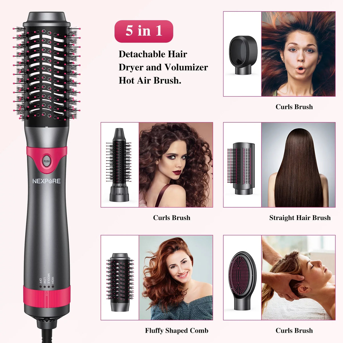 Stylish NEXPURE 5 in 1 Multifunctional Hair Dryer Styling Tool, Detachable Salon 5-in-1 Multi-Head Hot Air Comb,Negative Ion Automatic Suction Hair Curler for Women
