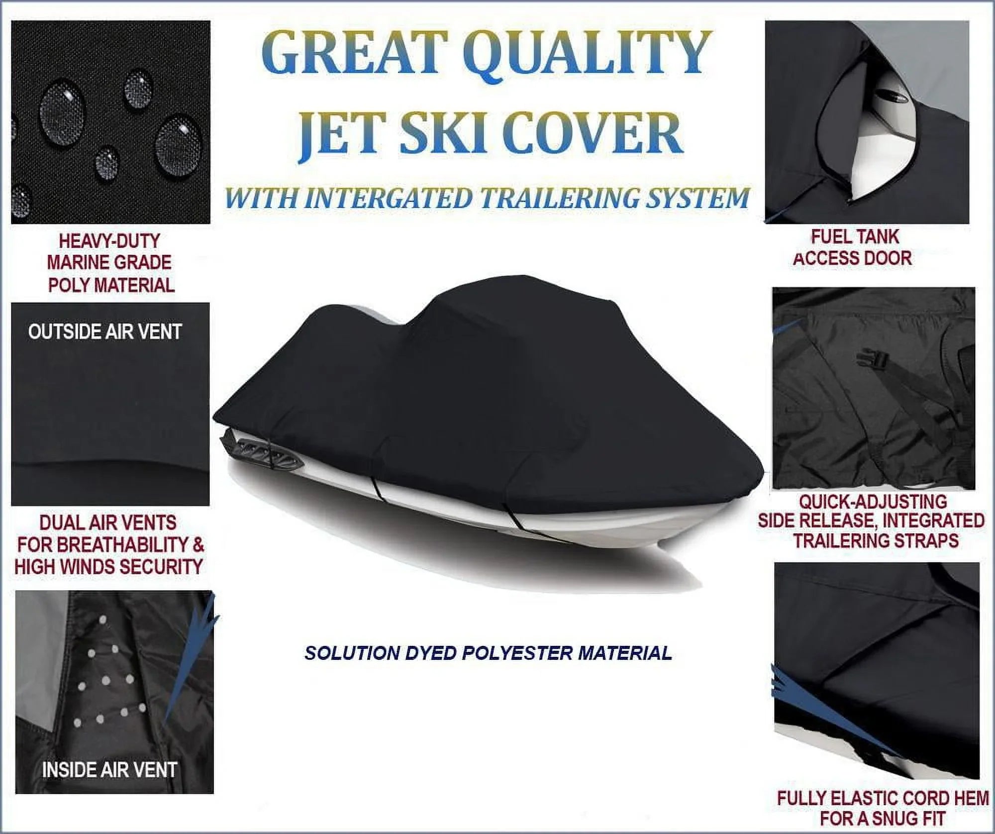 BLACK TOP OF THE LINE JET SKI Cover Compatible for Sea Doo Sea-Doo XP Bombardier 1997 2000 2001 2002 Jet Ski PWC Cover 1-2 Seater - Exclusive Design