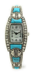 Ladies Square Stones Metal Link Bracelet Fashion Watch Pearl Dial Wincci (Silver Turquoise)