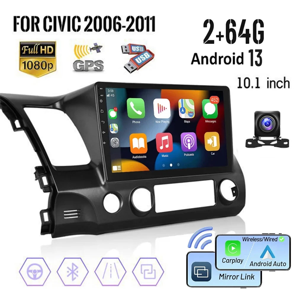 Podofo 2+64G for Honda Civic 2006-2011 Wireless Carplay Android Auto Mirror Link 10'' Touchscreen Car Stereo Radio Android 13 HD 1080P WIFI GPS Hifi FM Bluetooth, AHD Backup Camera - Exclusive Design