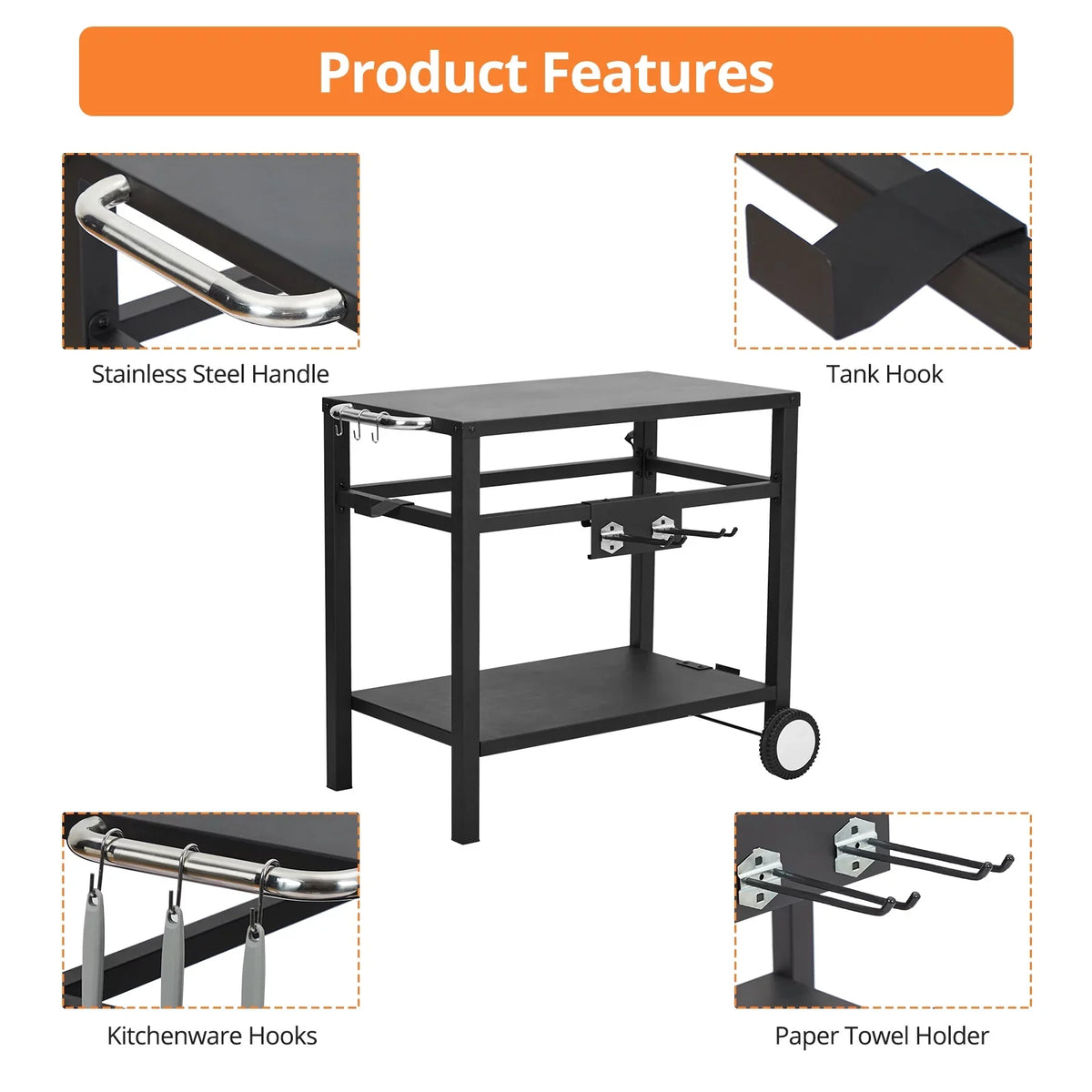 Stylish HomhougoâBarbecue truck Pizza Oven rack,Stainless steel portable barbecue truck Grill prep table with wheels and hooks,side handles,Two Grill truck tabletop grill Cooking station,Bar,Camping, Family