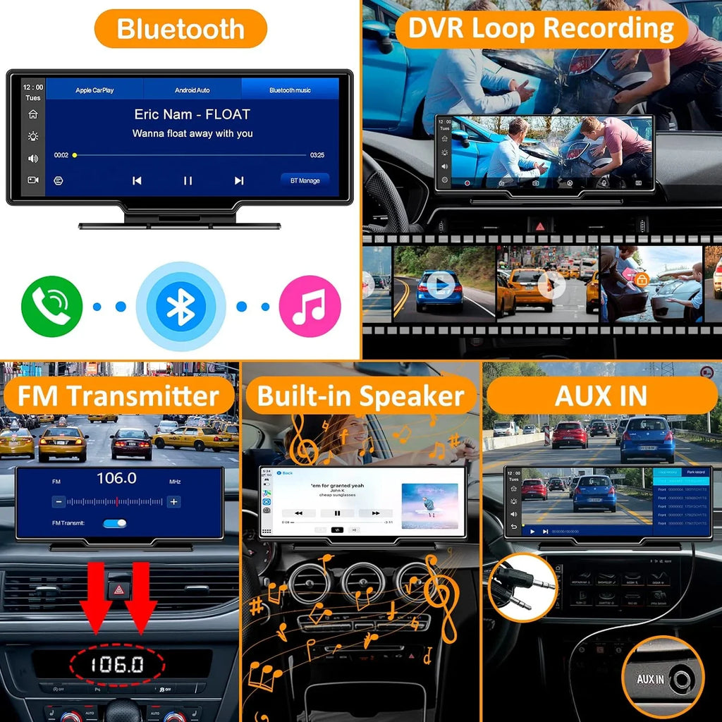 CAIHONG Portable Wireless Carplay Car Stereo with 2.5K Dash Cam - 9" HD IPS Screen, Android Auto, 1080p Backup Camera, Loop Recording, Bluetooth, GPS Navigation Head Unit, Car Radio Receiver