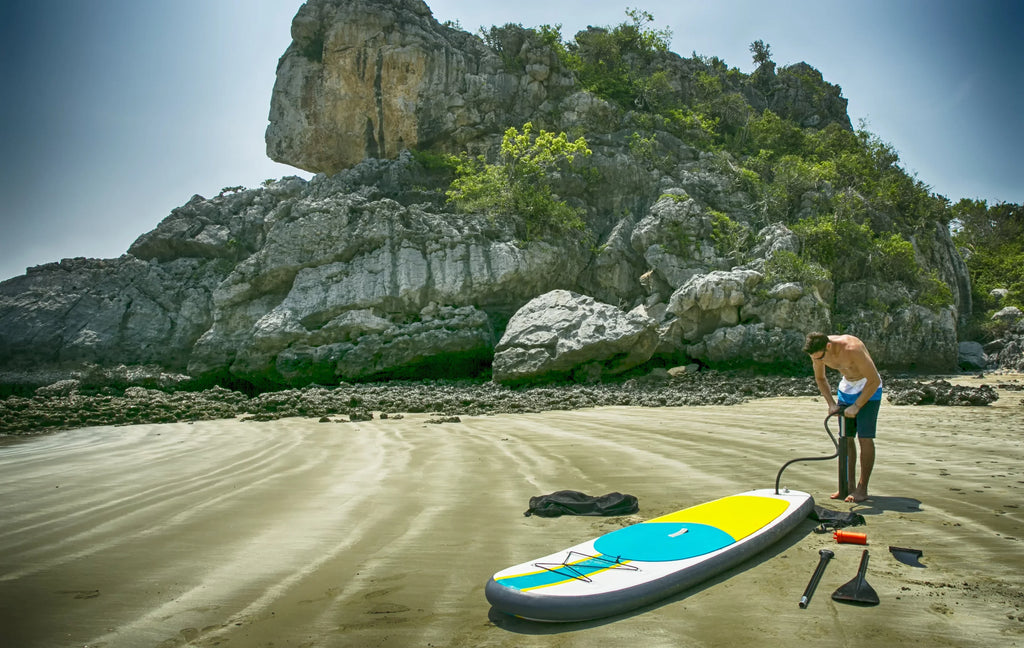 Blue Water Toys Inflatable Crossover Stand Up Paddle Board/Kayak Kit - Blue Yellow 10 feet by 32 inches - Exclusive Design
