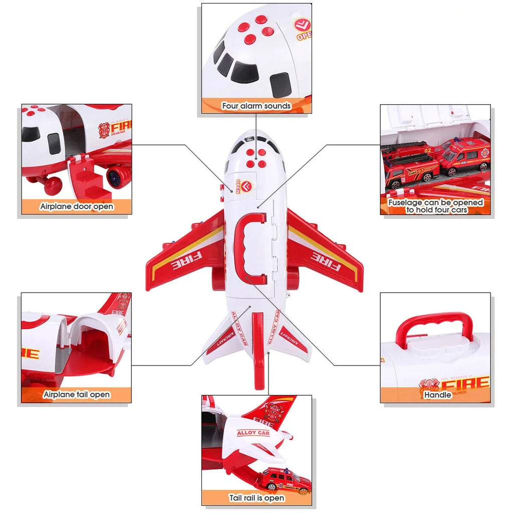 Stylish SHANNA Airplane Toy Fire Truck Playset with Music and Lights, Transformable Airplane Storage Cart, 3-6 Years Old Boys and Girls Birthday Christmas Gift (Red)