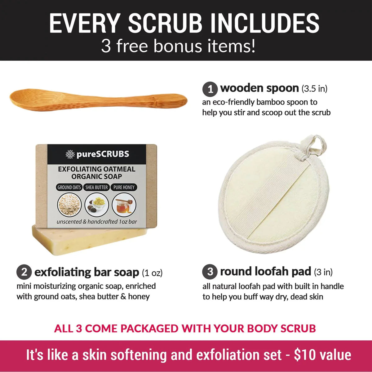 pureSCRUBS Premium Organic Body Scrub Set - Large 16oz JASMINE BODY SCRUB - Pure Dead Sea Salt Infused With Organic Essential Oils & Nutrients + FREE Wooden Spoon, Loofah & Mini Exfoliating Bar Soap - Exclusive Design