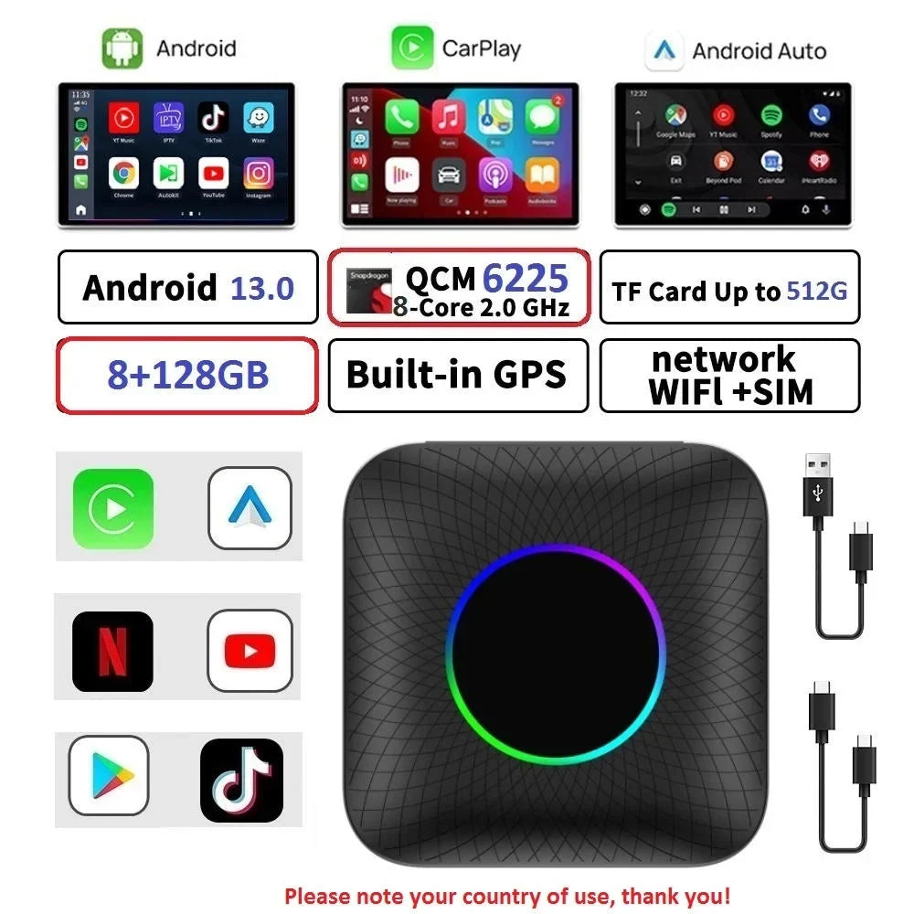 Stylish Carlinkit Ai Box Android 13 Led Wireless Android Auto & Apple CarPlay Smart Tv Box QCM6225 For Youtube Netflix Car Accessories