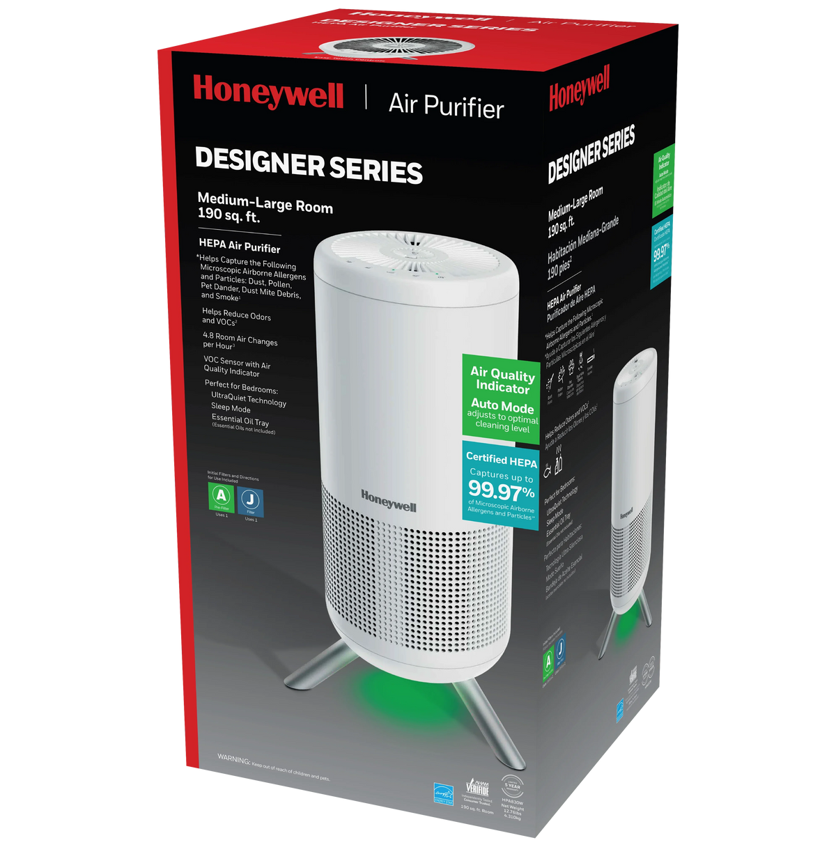 Stylish Honeywell Designer Series HEPA Air Purifier Tower, 190 sq ft, White, HPA830W