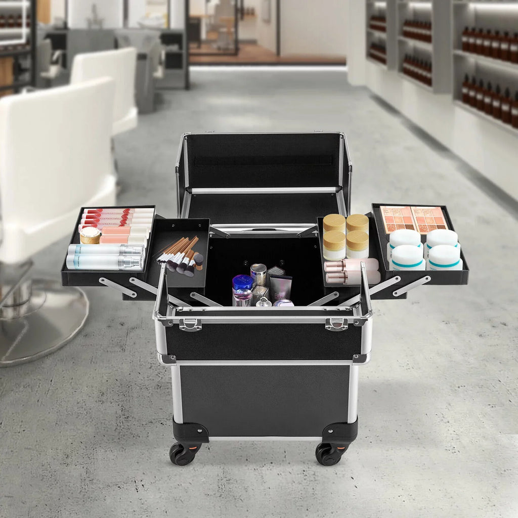 Stylish Rolling Lockable Makeup Train Case Hairdresser Trolley, Stylist Beauty Nail Salon Barber Case Cosmetic Luggage Travel Trunk Cart Organizer Tool Box with Swivel Wheels (Black)