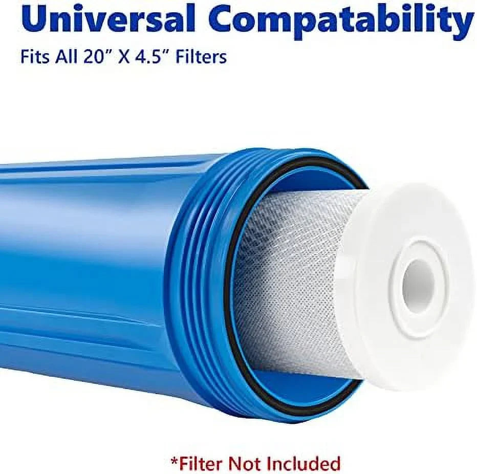 whole house water filter housing, universal 20-inch housing 4.5â x 20â, 1-inch npt inlet outlet, heavy duty standard size replacement includes wrench, pressure release button