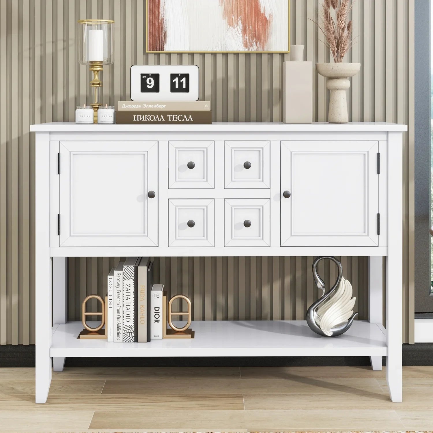 Stylish TREXM Cambridge Series Ample Storage Vintage Console Table with Four Small Drawers and Bottom Shelf for Living Rooms Entrances and Kitchens (Light Navy OLD SKU WF190263AAH)