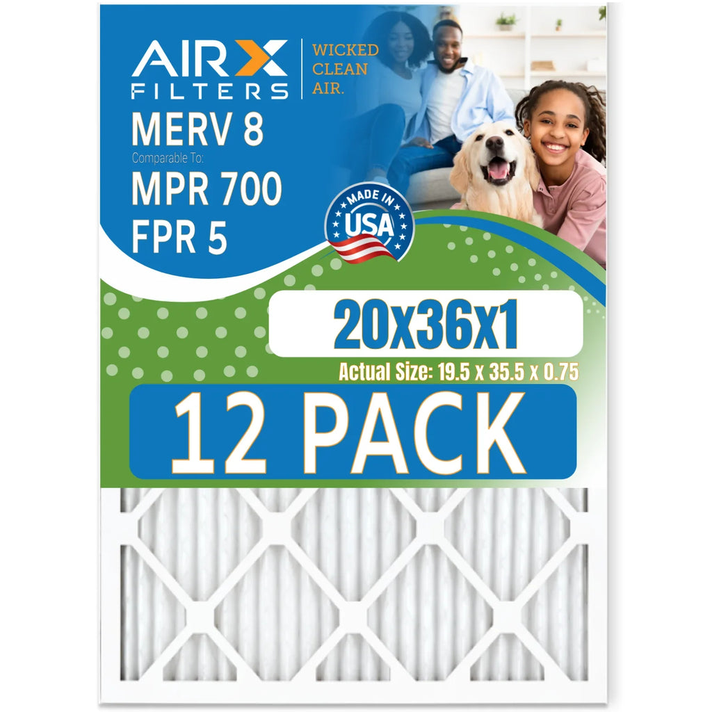 20x36x1 Air Filter MERV 8 Rating, 12 Pack of Furnace Filters Comparable to MPR 700 & FPR 5 - Made in USA by AIRX FILTERS WICKED CLEAN AIR.