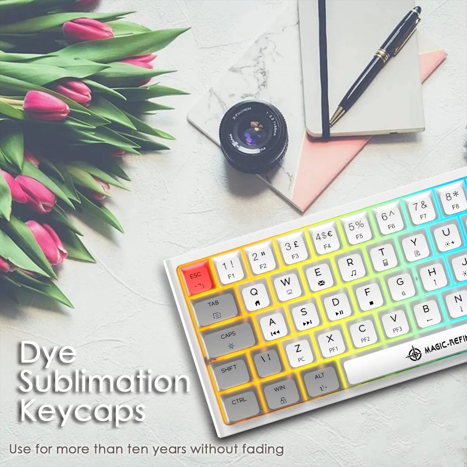 60% Portable Mechanical Gaming Keyboard, 14 Chroma Rgb Backlight, Dye-Sublimation Keycap, Type C Wired, Full Anti-Ghosting, For Pc/Windows/Mac/Ps4/Xbox (White Grey/Red Switch) - Exclusive Design