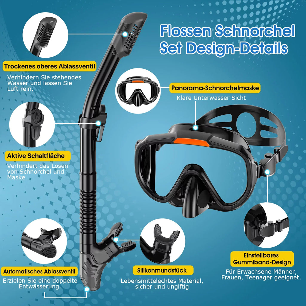 Snorkeling Gear for Adults Men Women,4 in 1 Snorkel Set with Panoramic View Diving Mask Anti-Fog Anti-Leak,Dry Top Snorkel,Fins and Travel Bag for Swimming,Snorkeling and Travel Diving - Exclusive Design